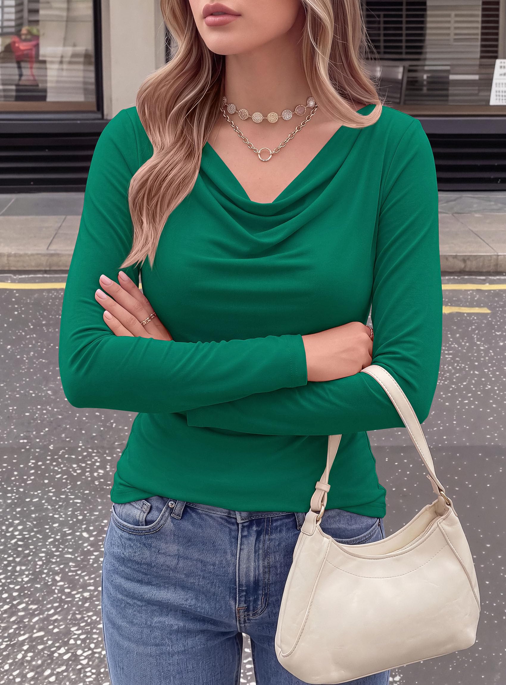 Cowl Neck Tops for Women Fashion Long Sleeve Shirt Dark Green