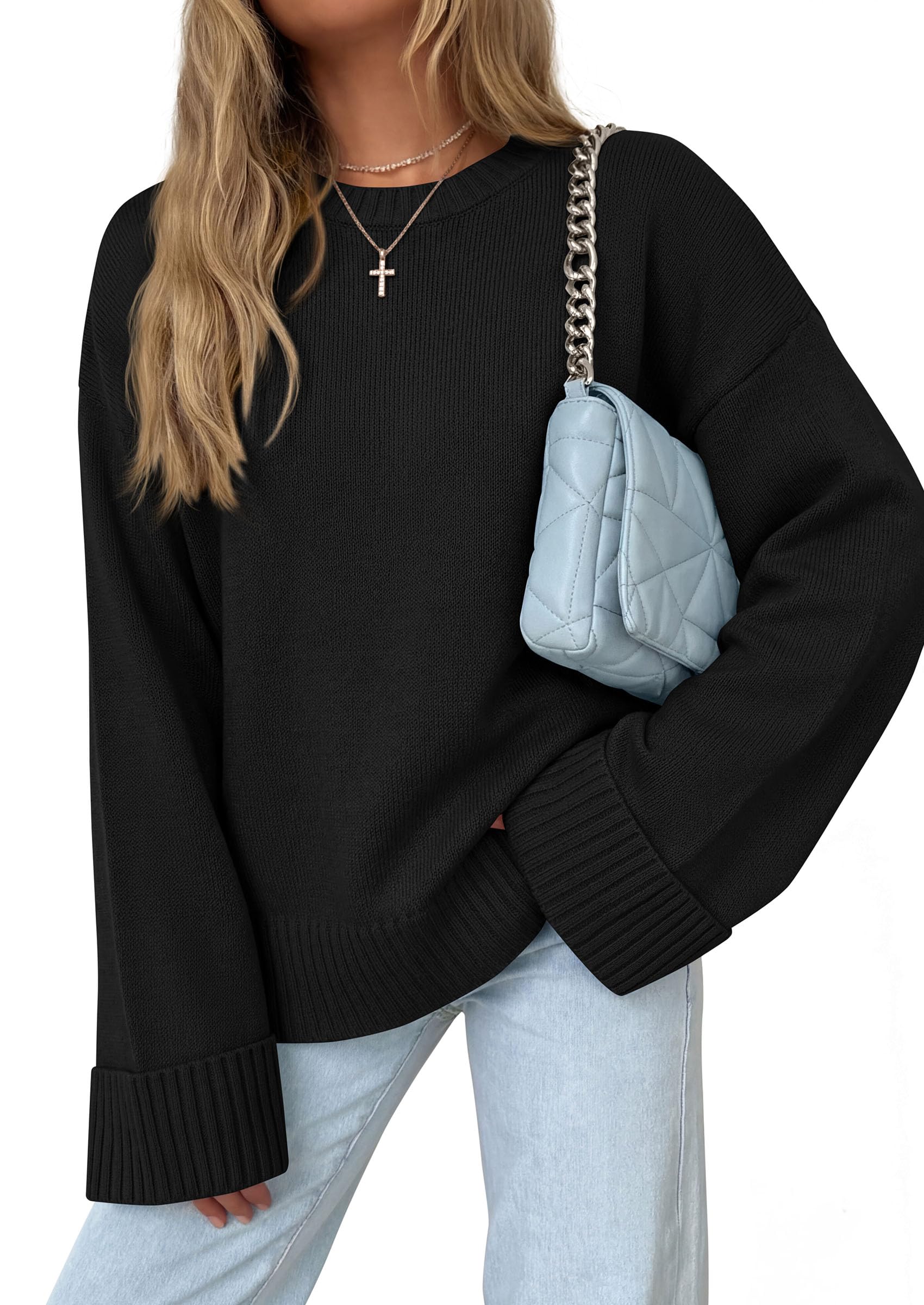 Oversized Sweater Women's Crewneck Long Sleeve Tops Black