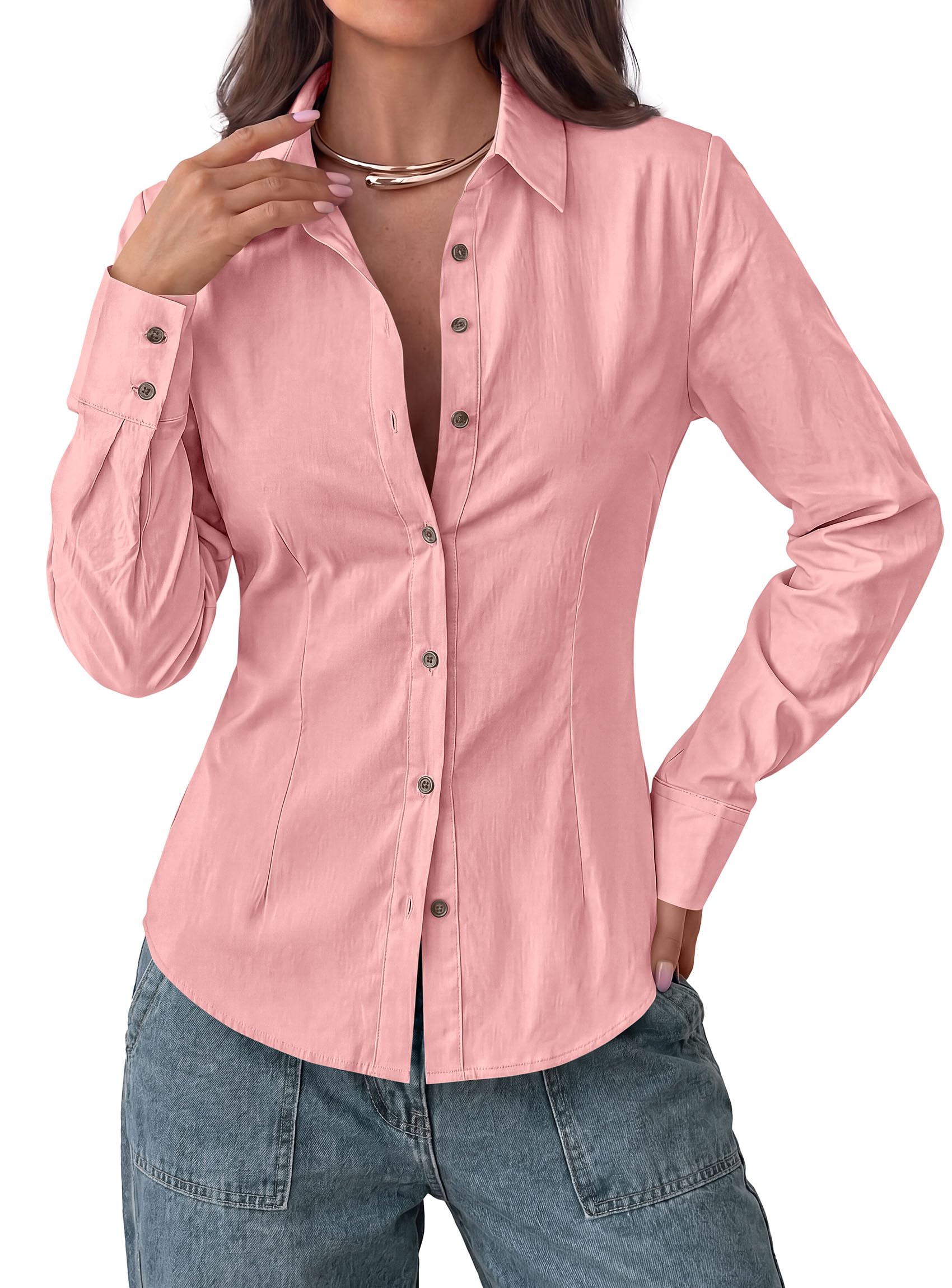 Womens Button Down Shirts Long Sleeve Blouse (Pink,S)