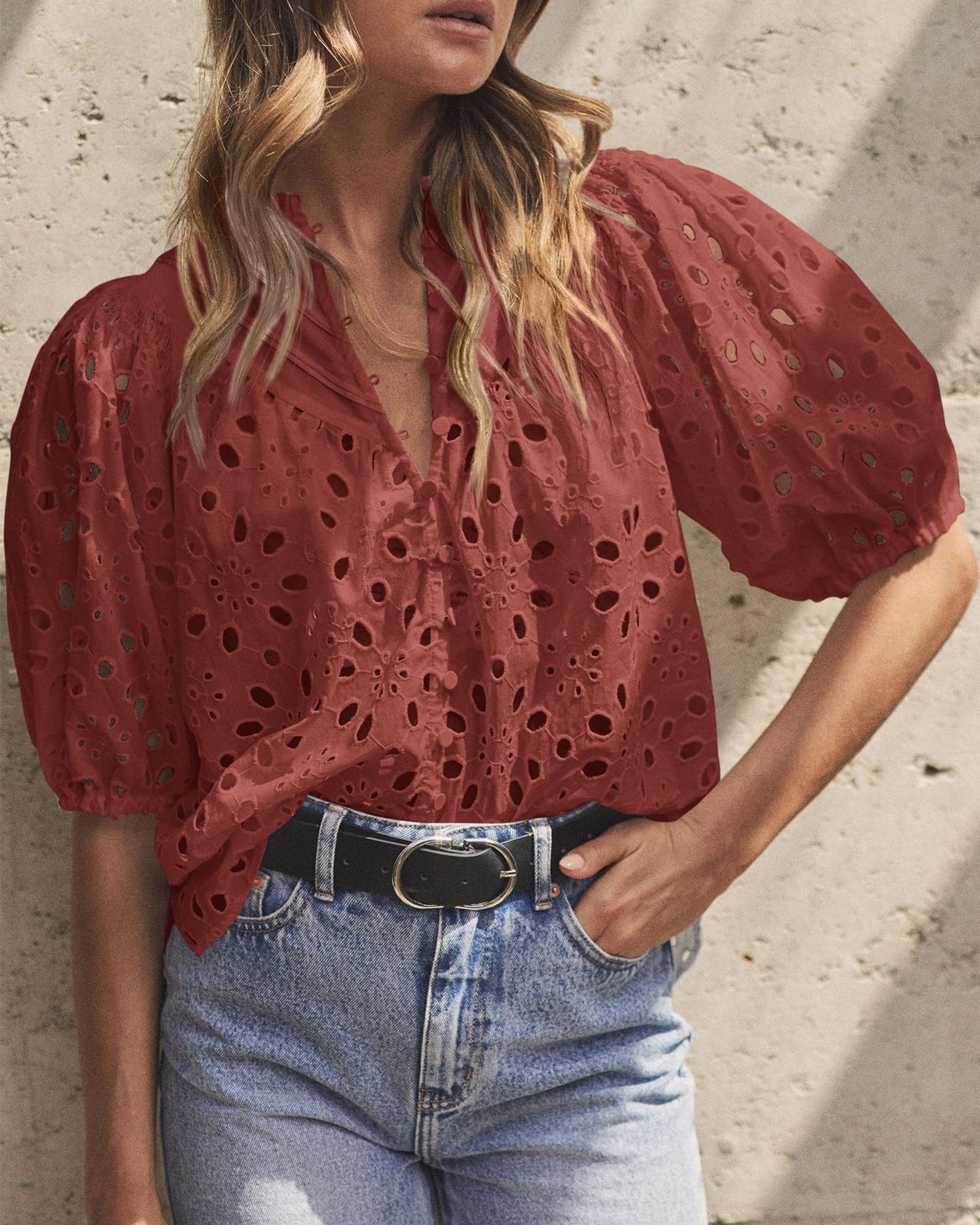 Womens Tops Boho Eyelet Puff Sleeve Blouse, Brown Red,S