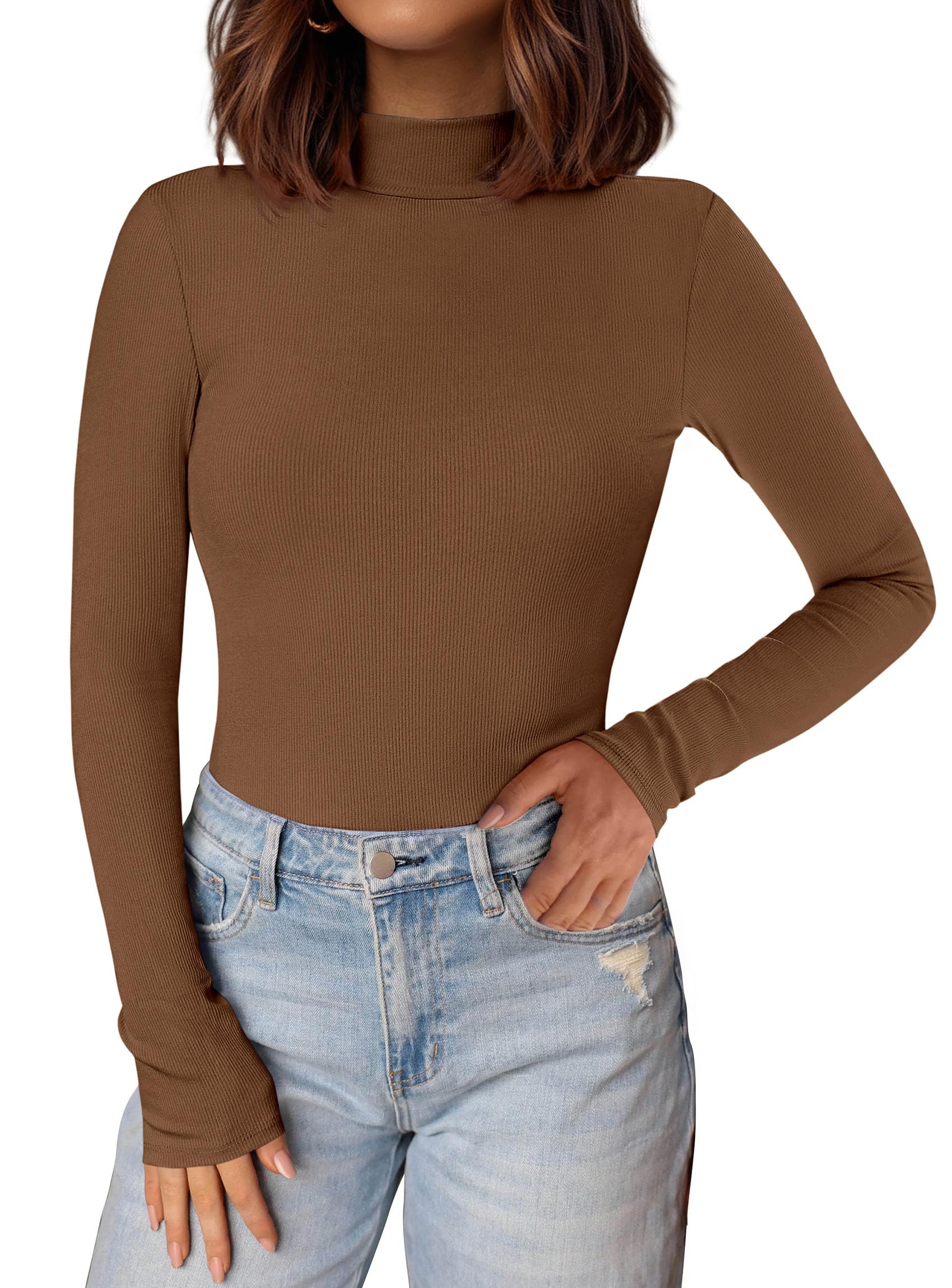 Womens Mock Turtleneck Fall Long Sleeve Shirts,Brown,XS