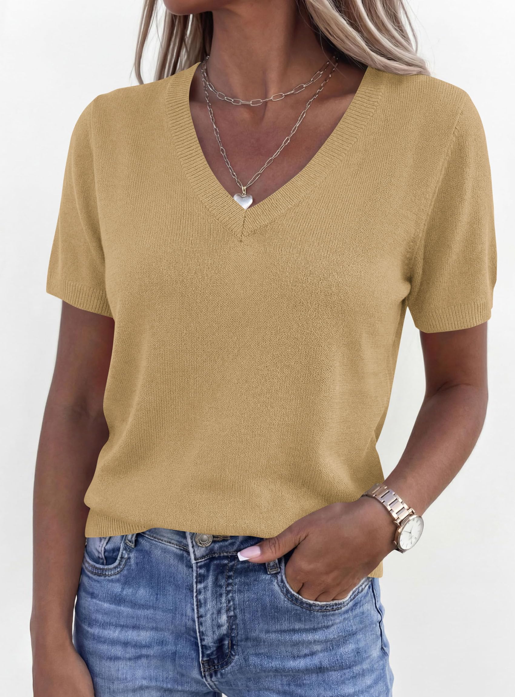 Womens Short Sleeve Sweater V Neck Tops,Light Khaki,S