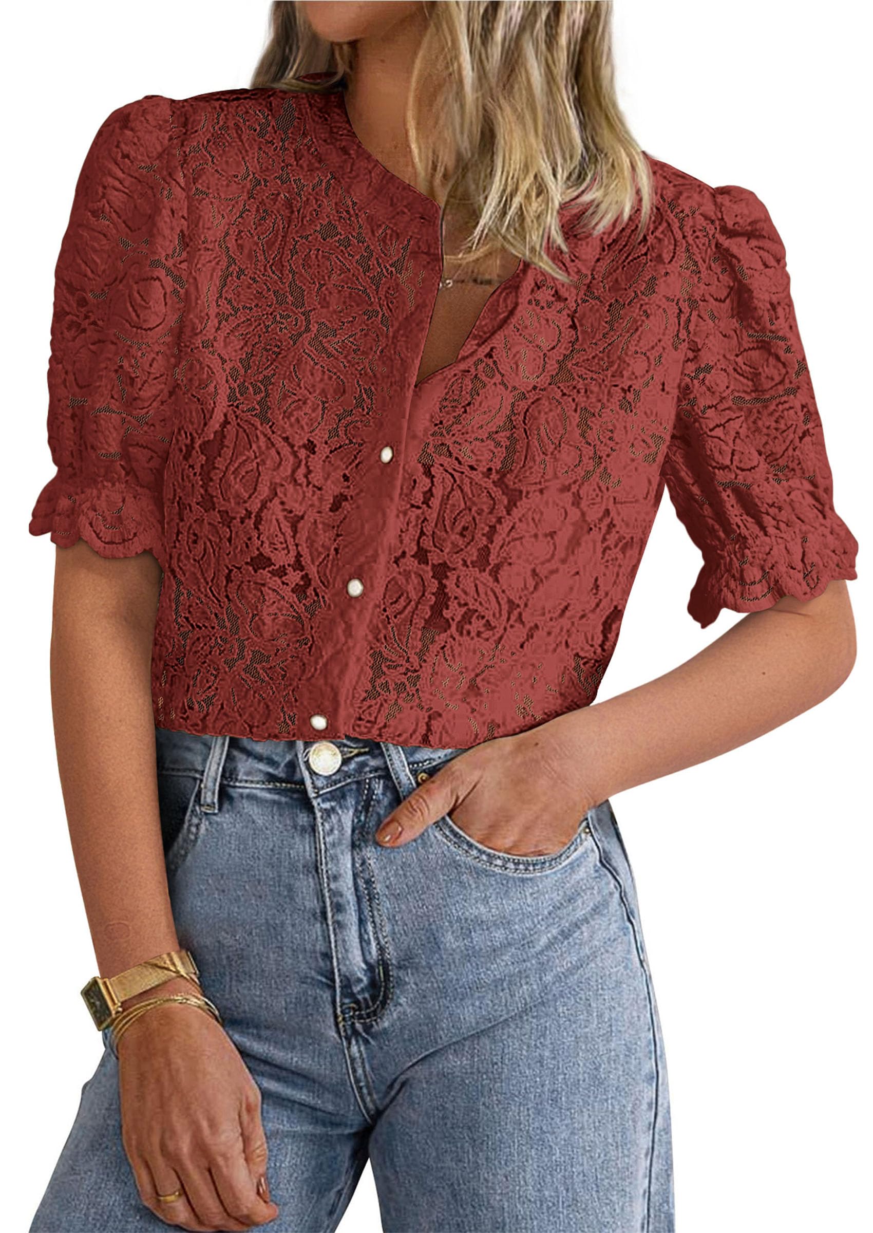 Womens Lace Tops Button Down Short Sleeve Shirts,Brown Red,S