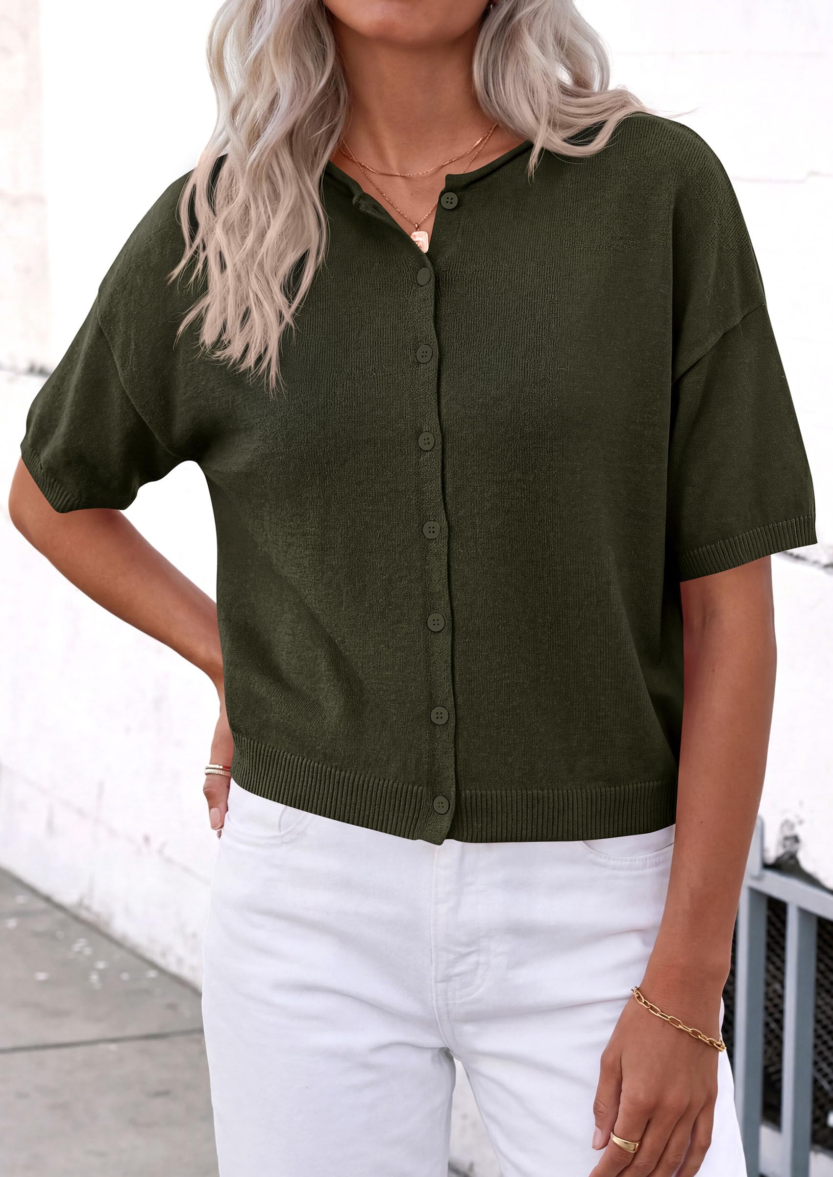 Women's Short Sleeve Cardigan Sweaters (Army Green,Small)