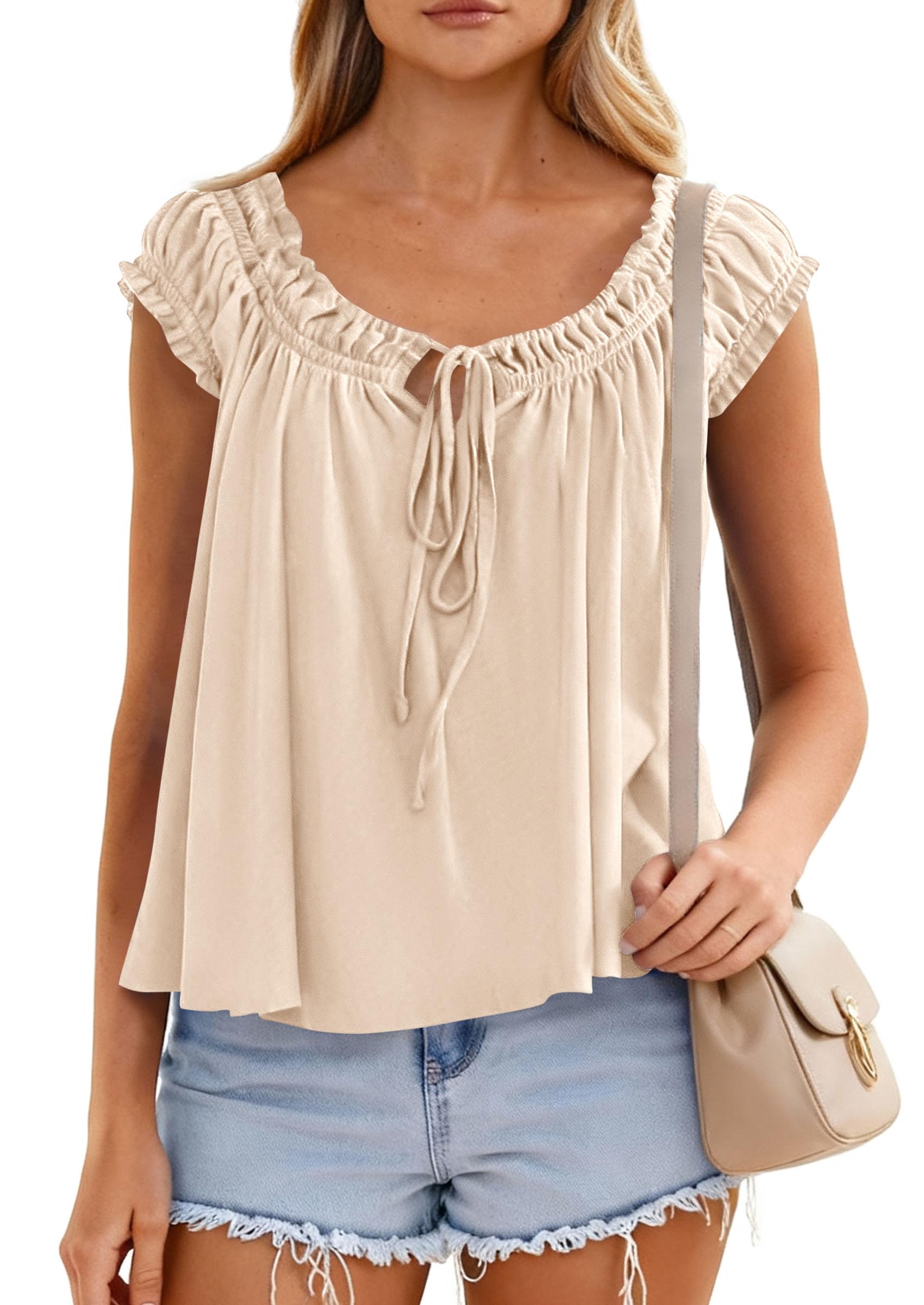 Womens Summer Tank Tops Babydoll Peplum Blouses,Apricot,XS