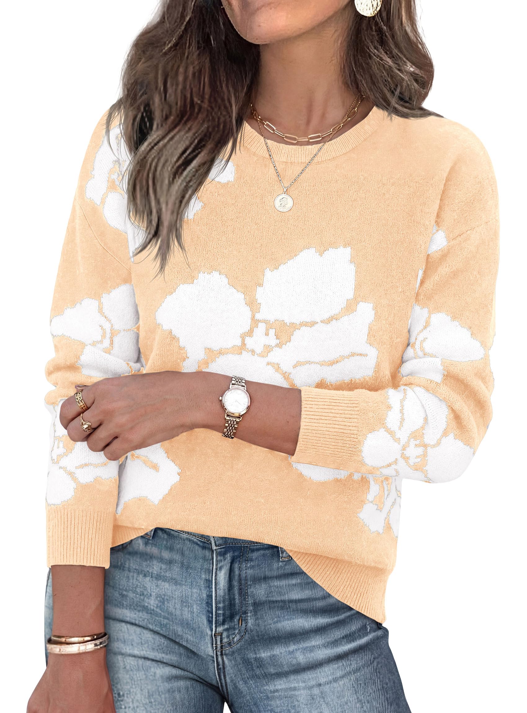 Womens Floral Sweater Crewneck Printed Pullover Tops Apricot