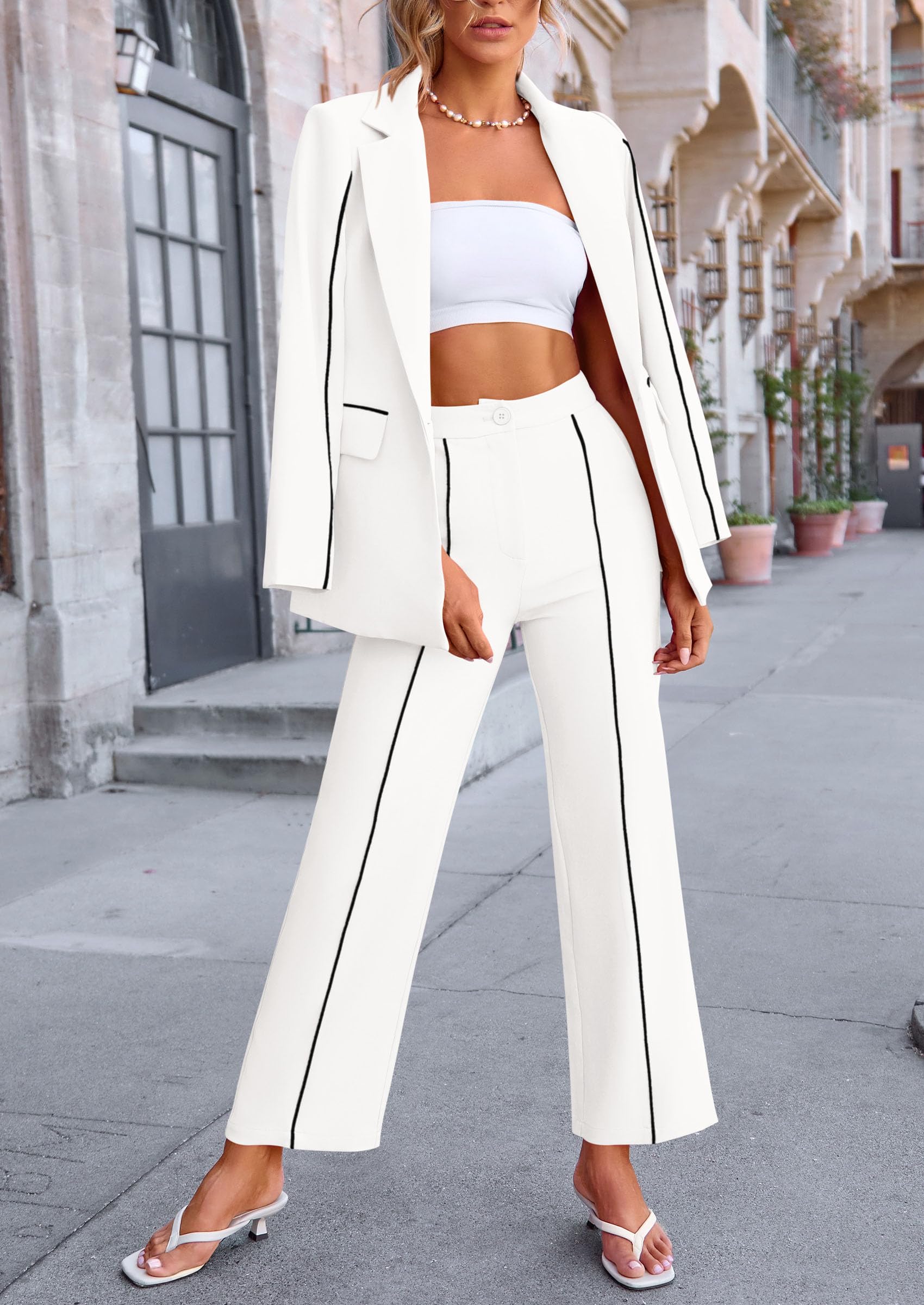 Women's 2 Piece Blazer Business Casual Outfits(White,S)