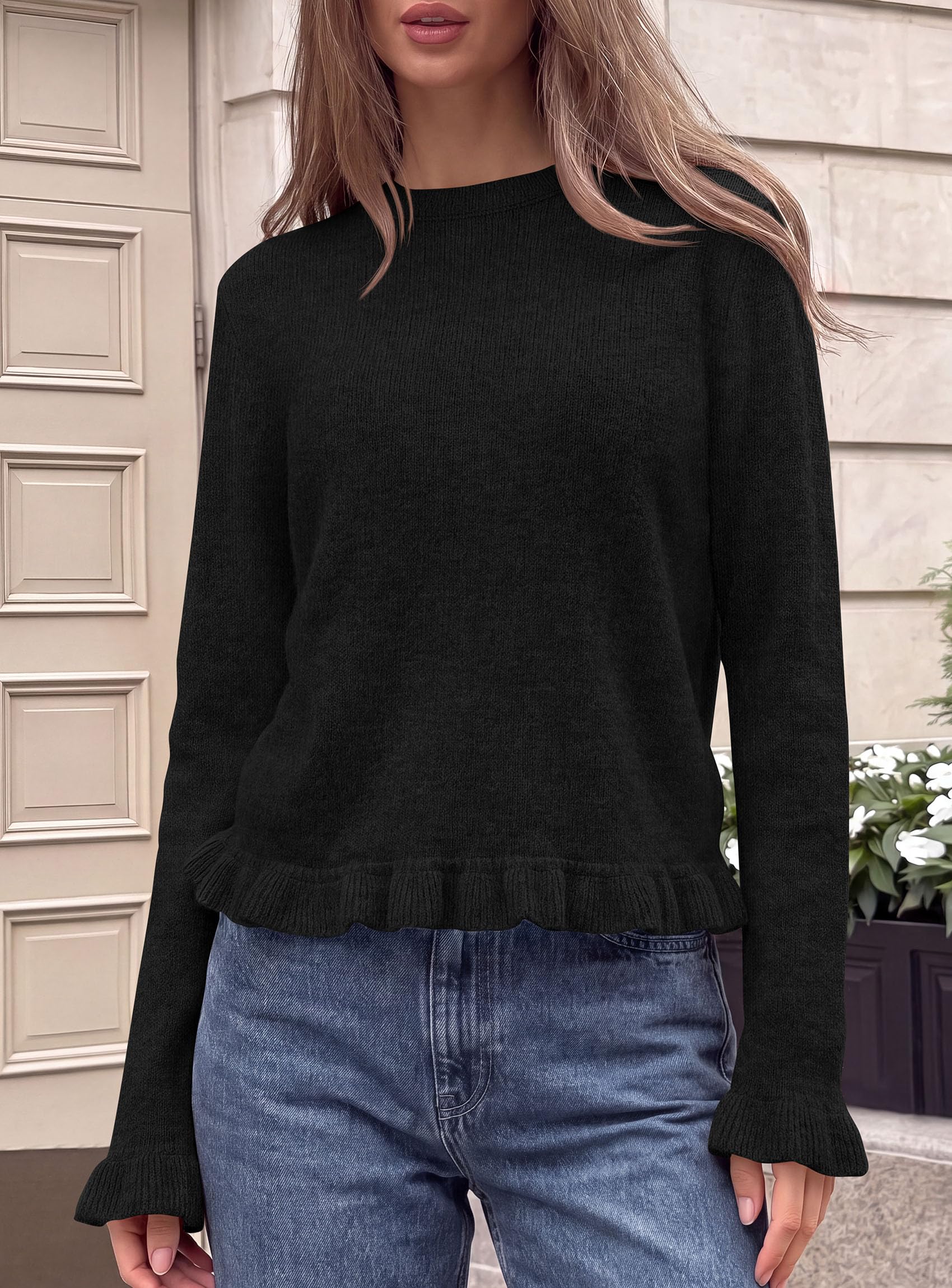 Women's Ruffle Sweaters Fall Fashion Cozy Knit Pullover Black