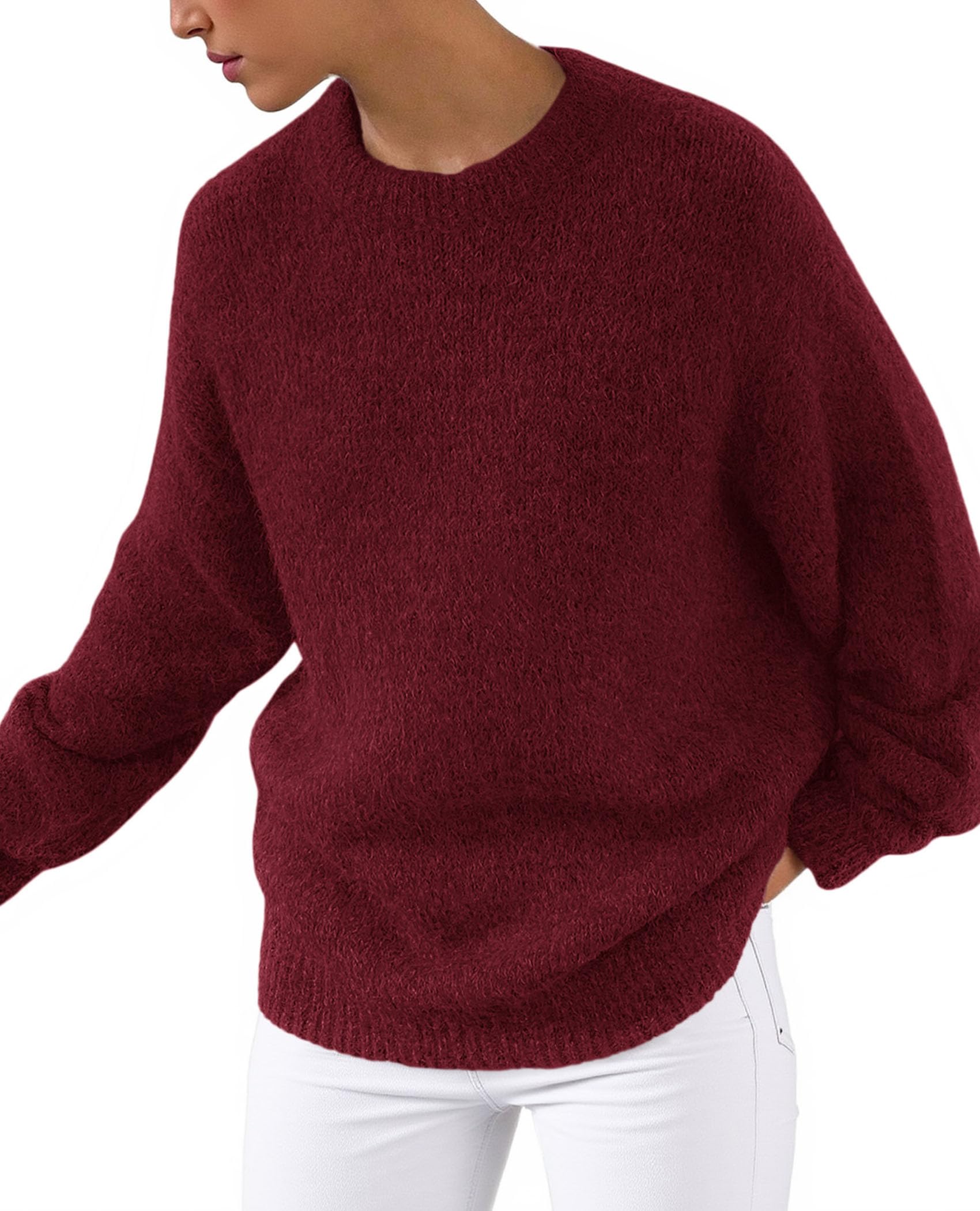 Womens Long Sleeve Oversized Pullover Sweater,Wine Red,M