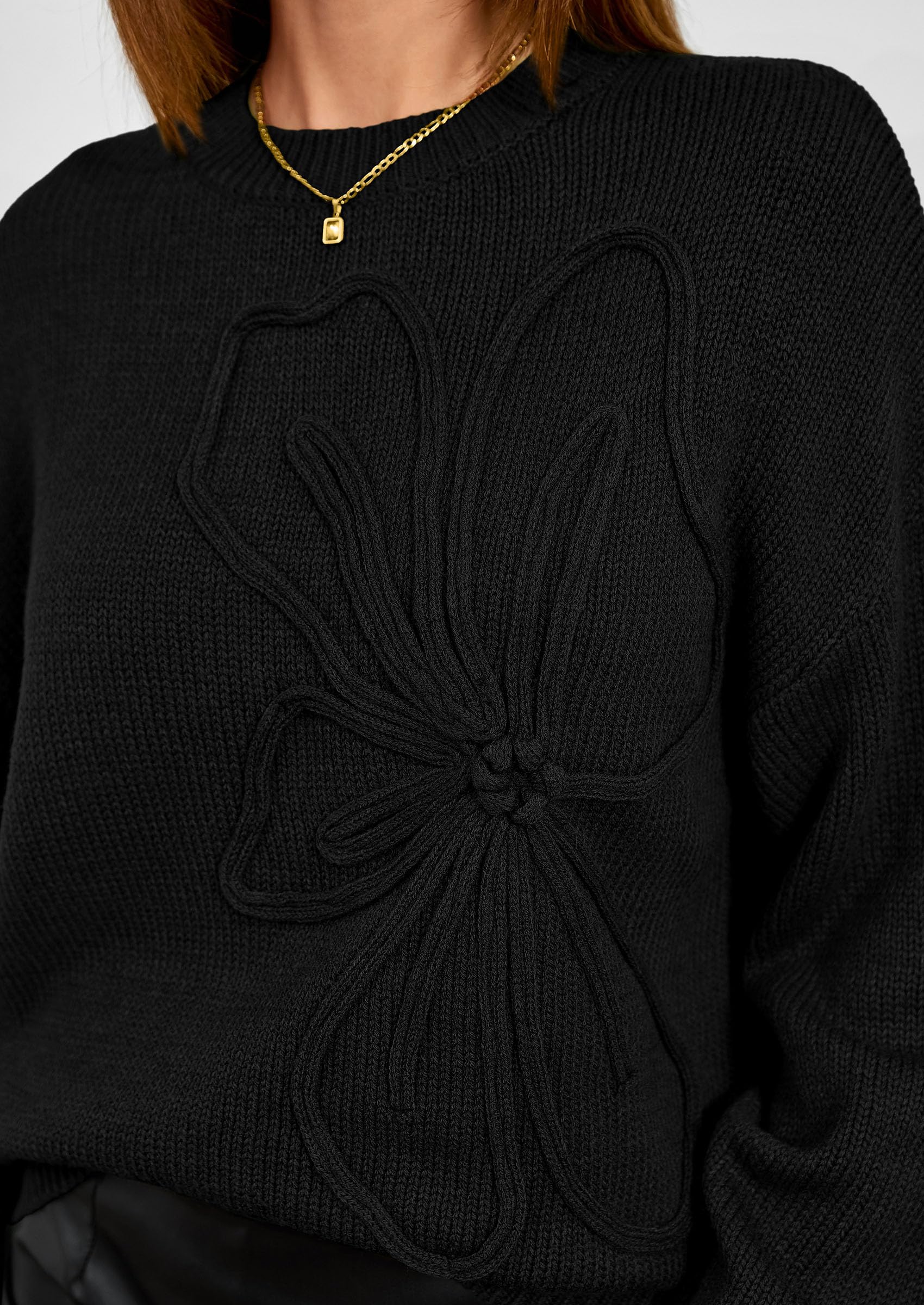 Women's Oversized 3D Floral Knit Sweater,Black,S