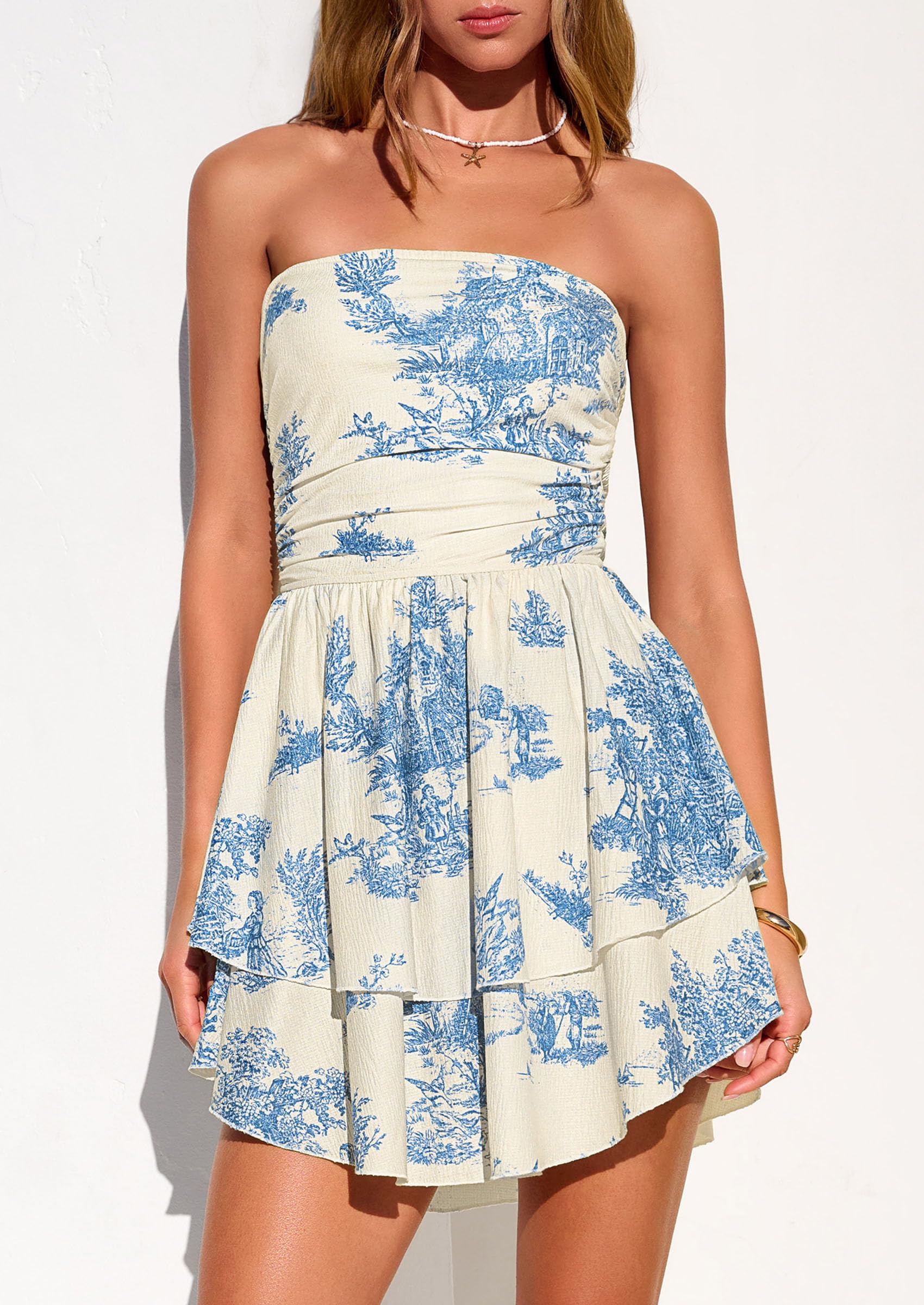 Women's Summer Strapless Flowy Mini Dresses (Floral Blue,S)