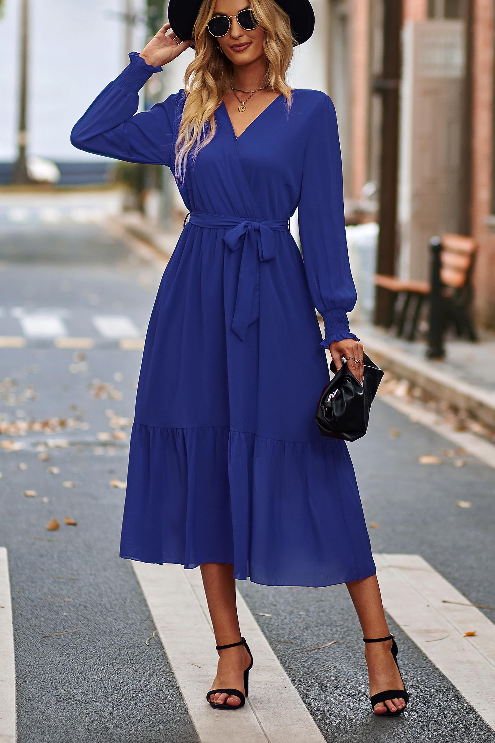 Women's Boho Long Sleeve Maxi Dress, Solid Blue,S