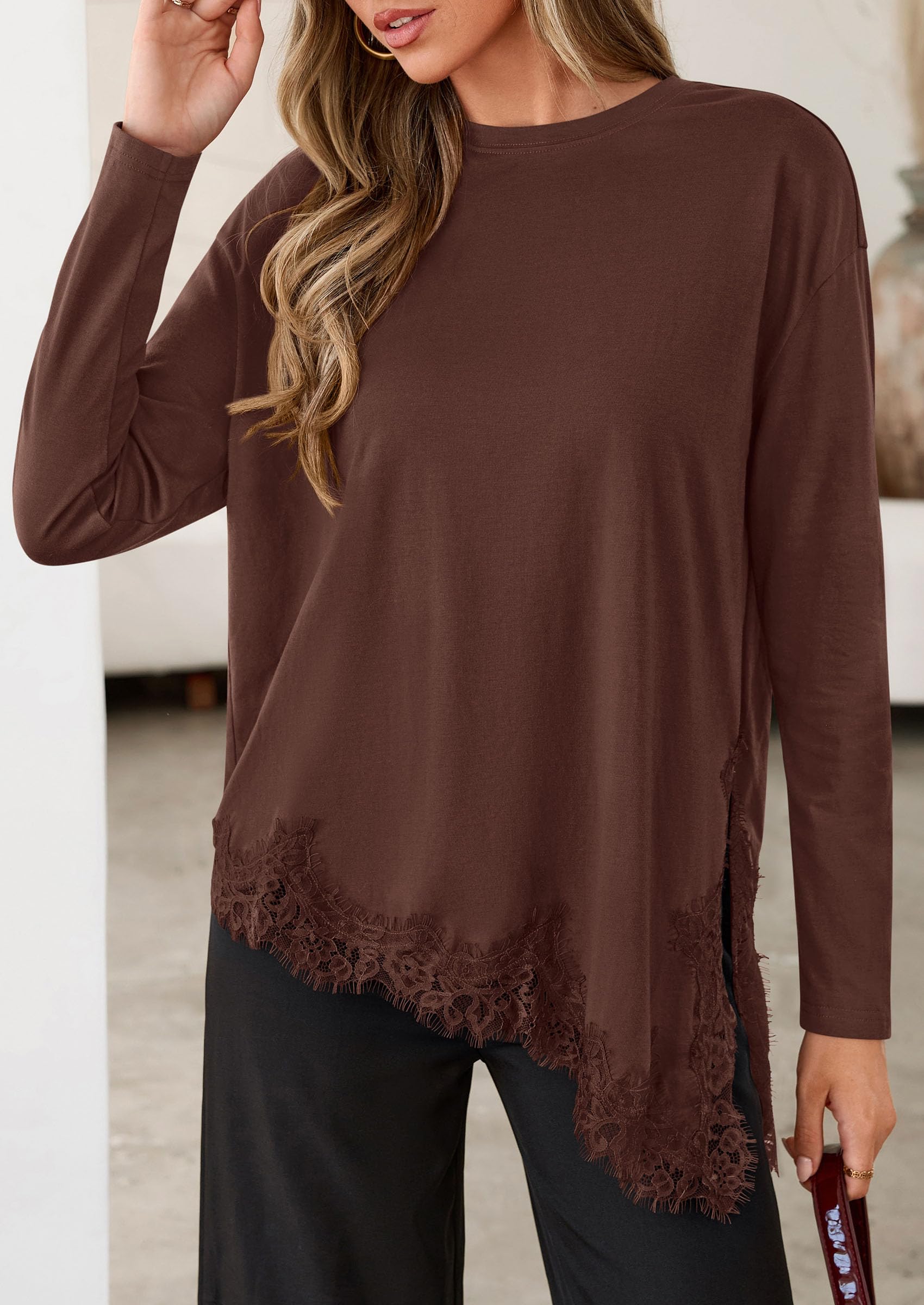 Women's Long Sleeve Asymmetrical Lace Tops Oversized Tshirts