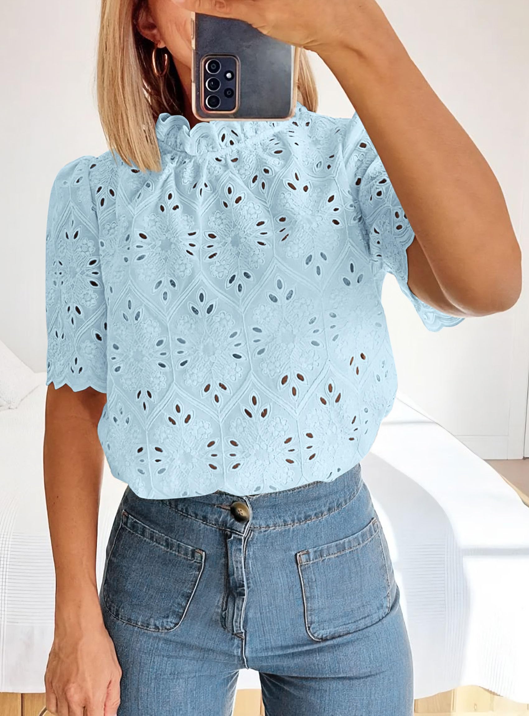 Women Summer Tops Eyelet Embroidered Shirts,Light Blue,XS