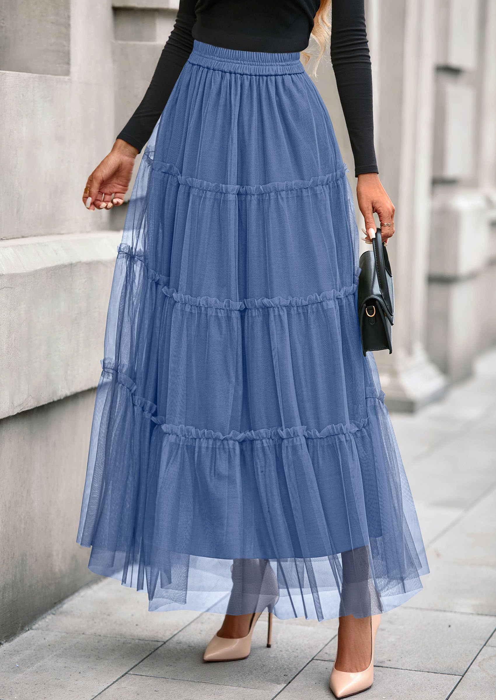 Women's Fall Soft Tulle Tiered Long Skirt,Grey Blue,S