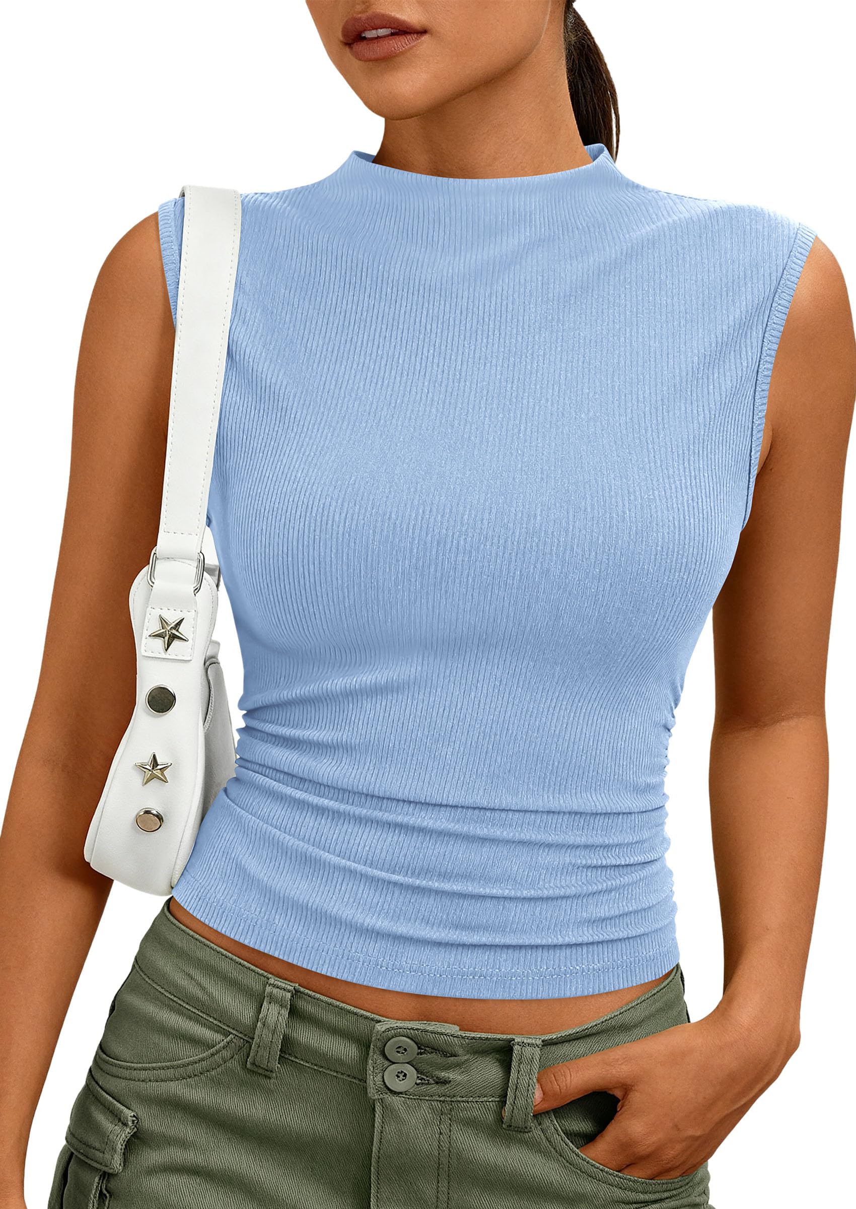Women's Sleeveless Mock Neck Ribbed Tank Top,Light Blue,S