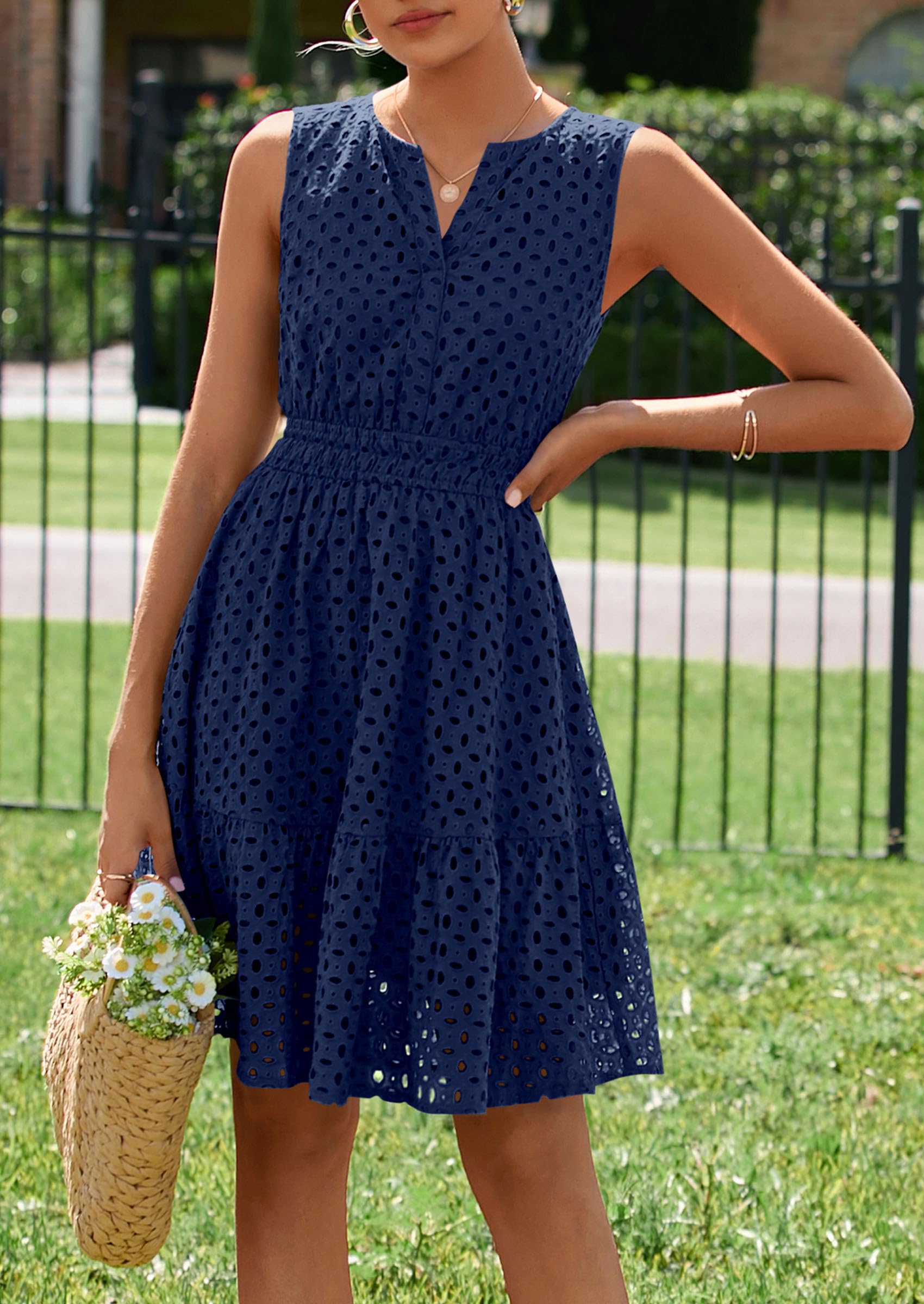 Women's Summer Eyelet A Line Short Dresses,Navy,S