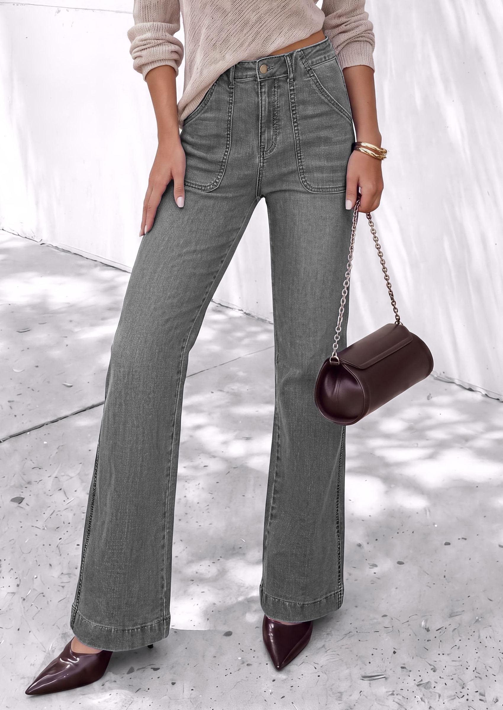 Womens High Waisted Wide Leg Jeans Demin Pants Grey