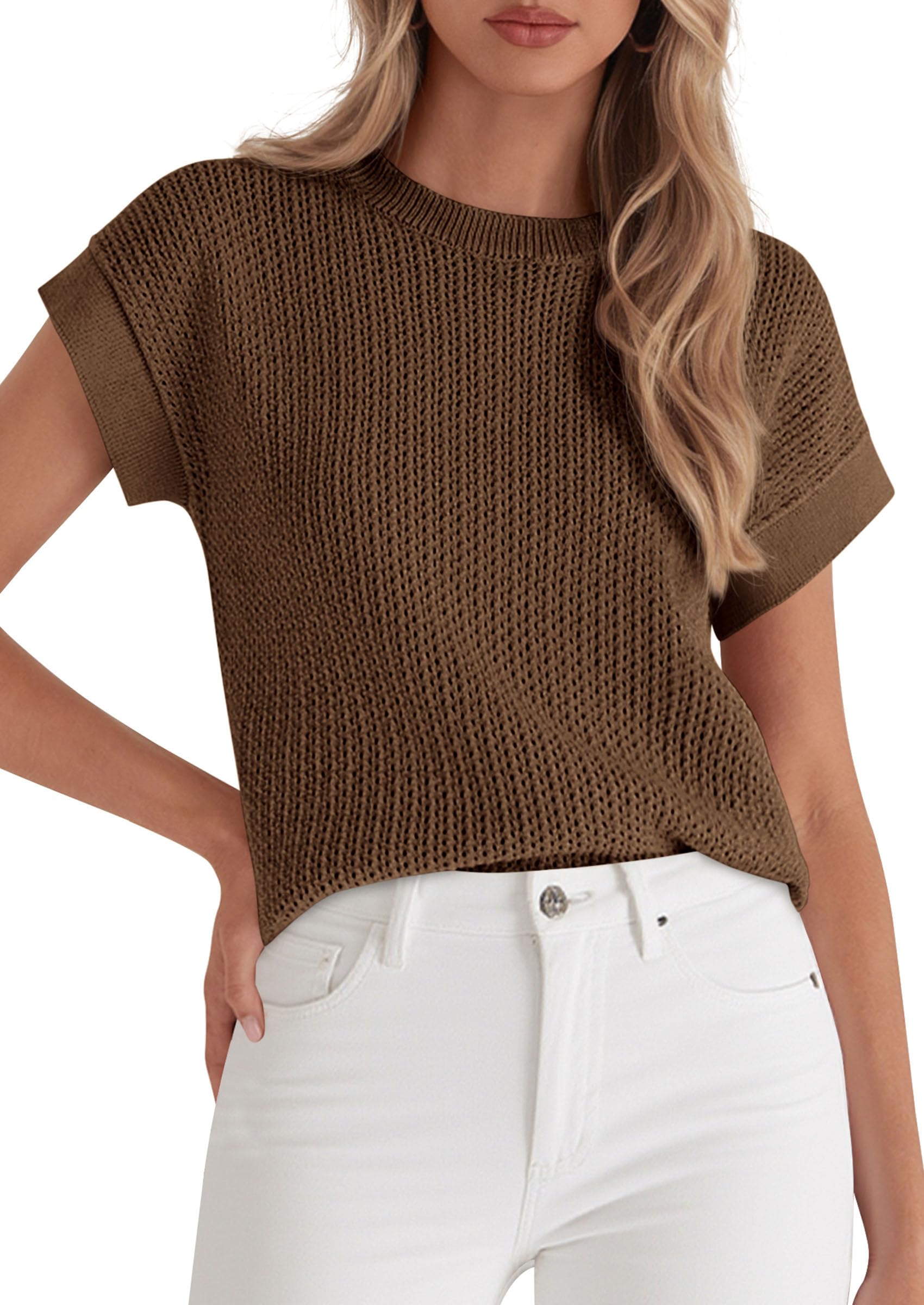 Women's Summer Sweater Vest Crochet Tops (Coffee,S)