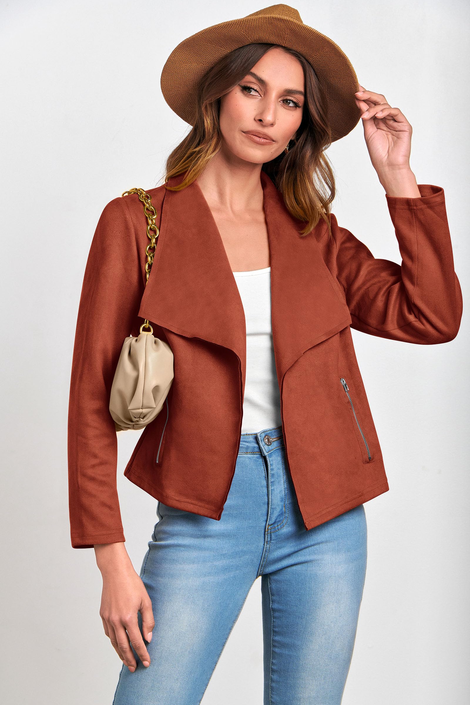 Women's Fall Fashion Faux Suede Jackets(Rust Red,Small)