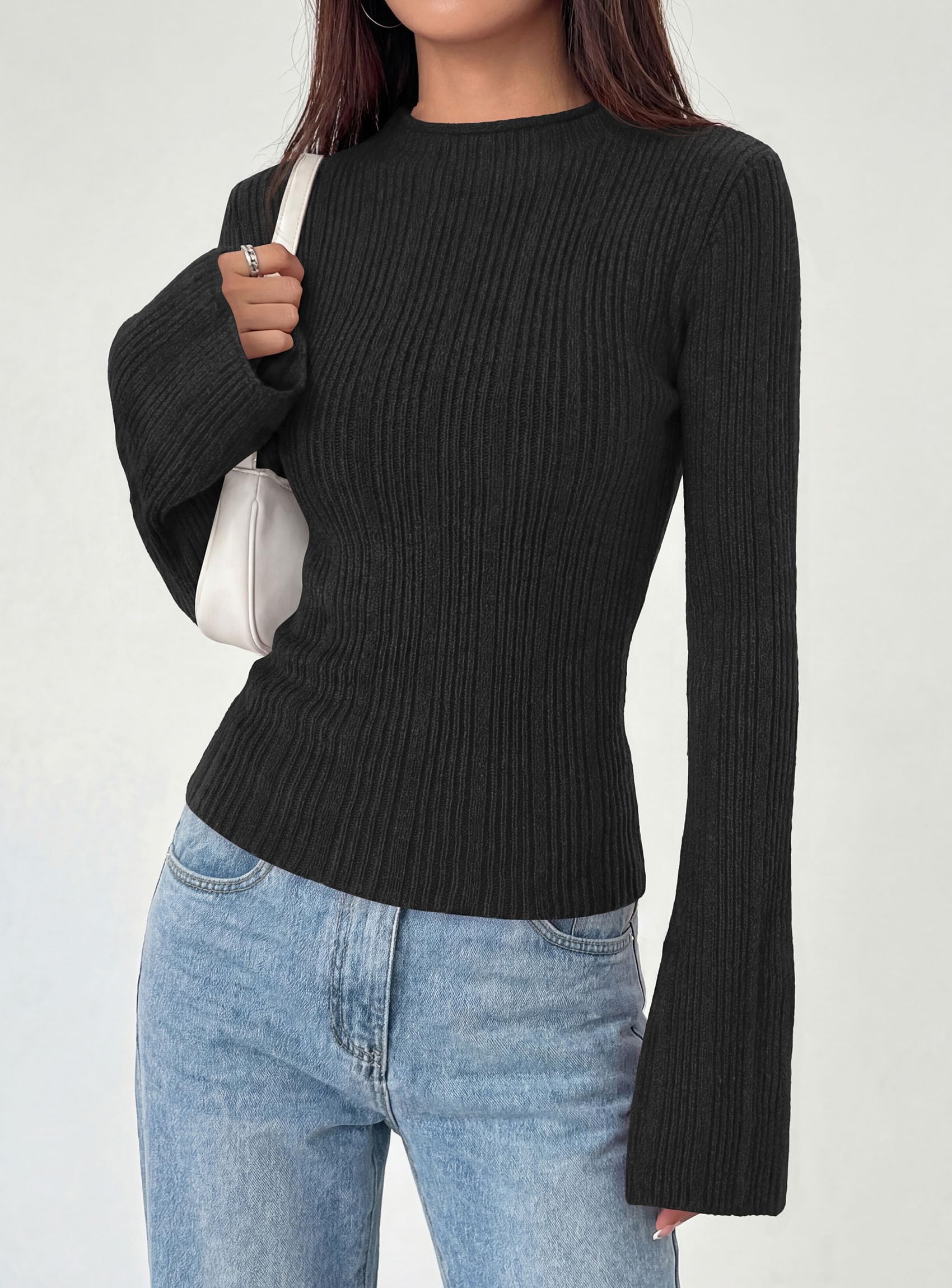 Womens Bell Long Sleeve Tops Mock Neck Sweaters,Black,S