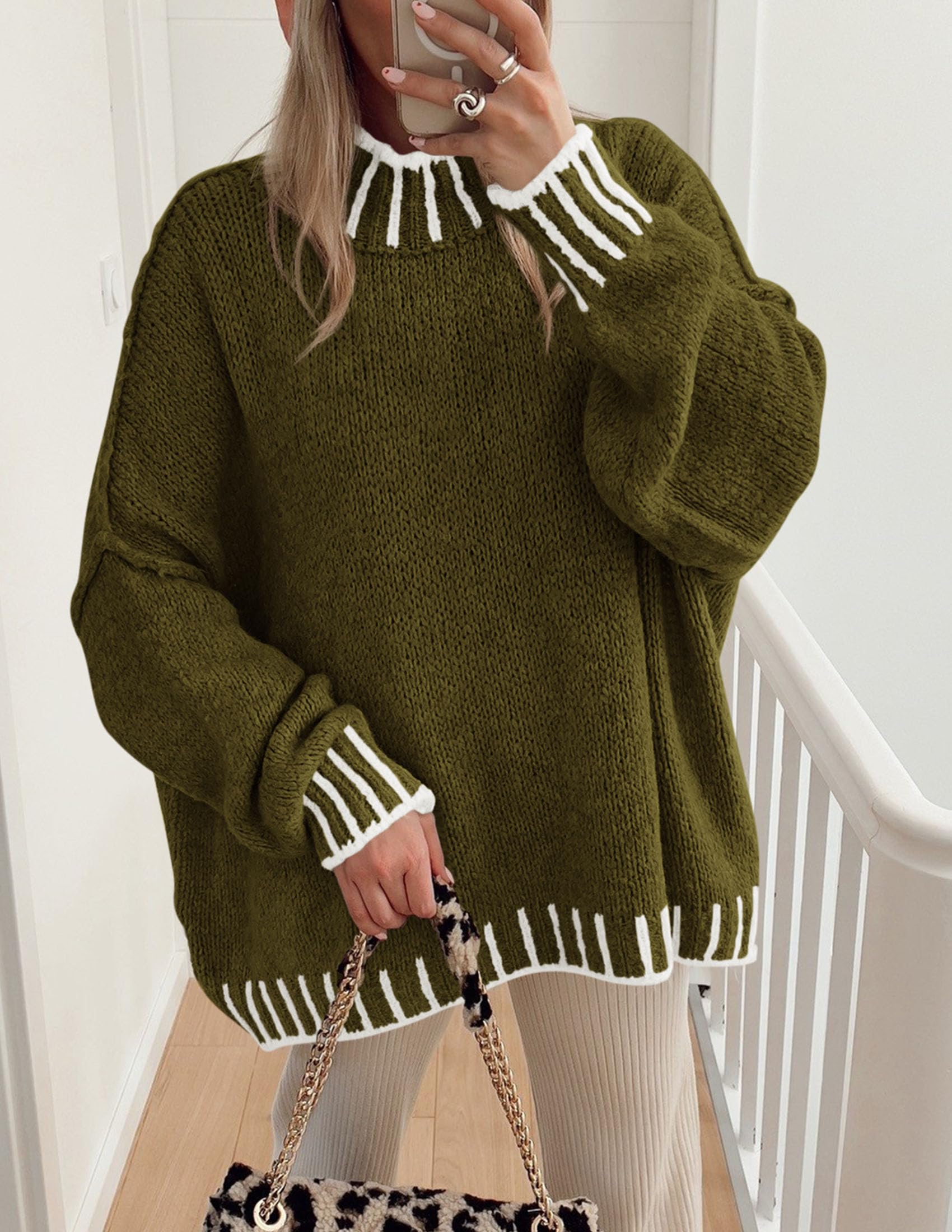 Women's Mock Neck Oversized Pullover Sweaters,Army Green,XS