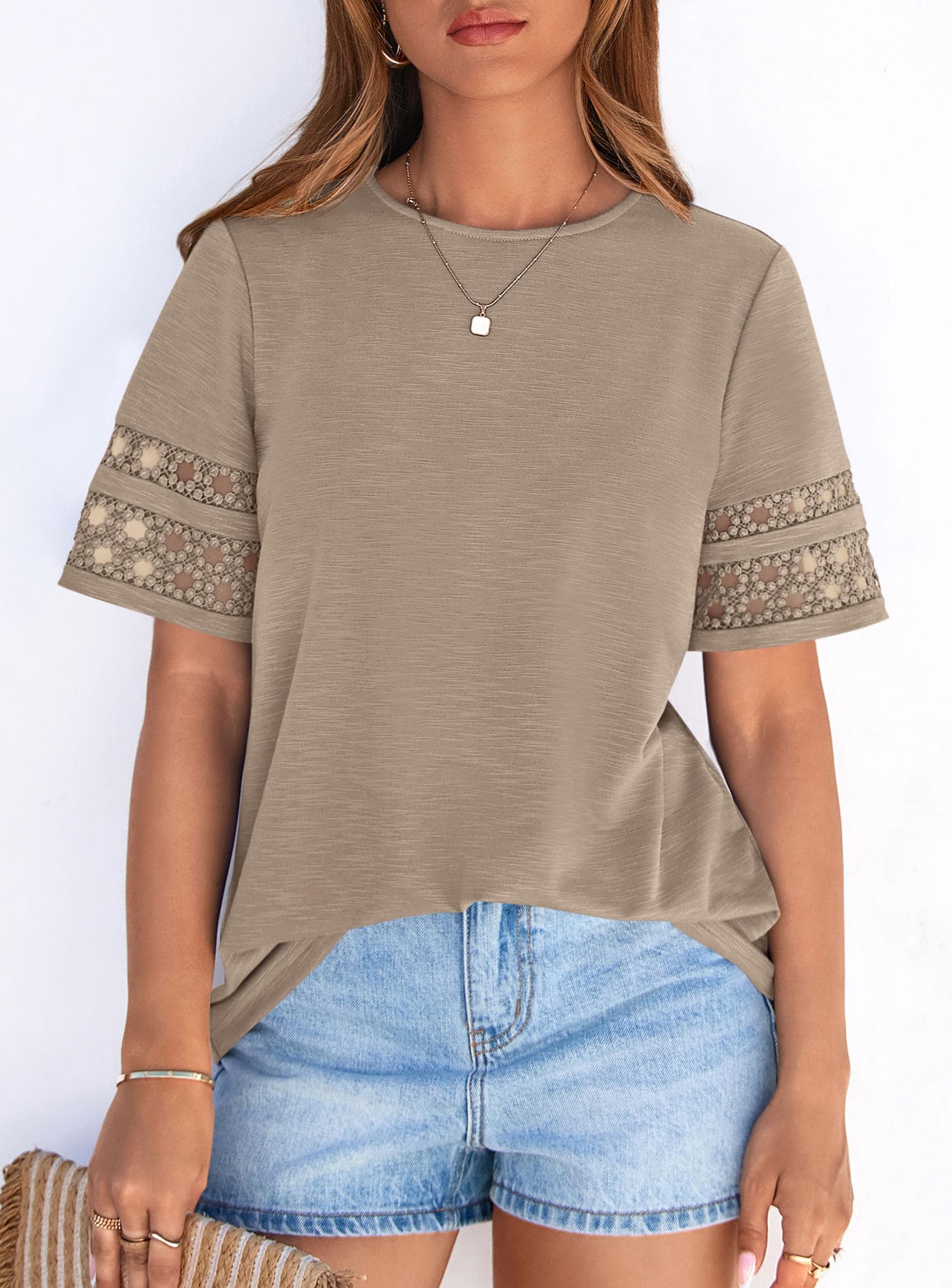 Women's Summer Short Sleeve Lace Trim T-Shirts,Khaki,S