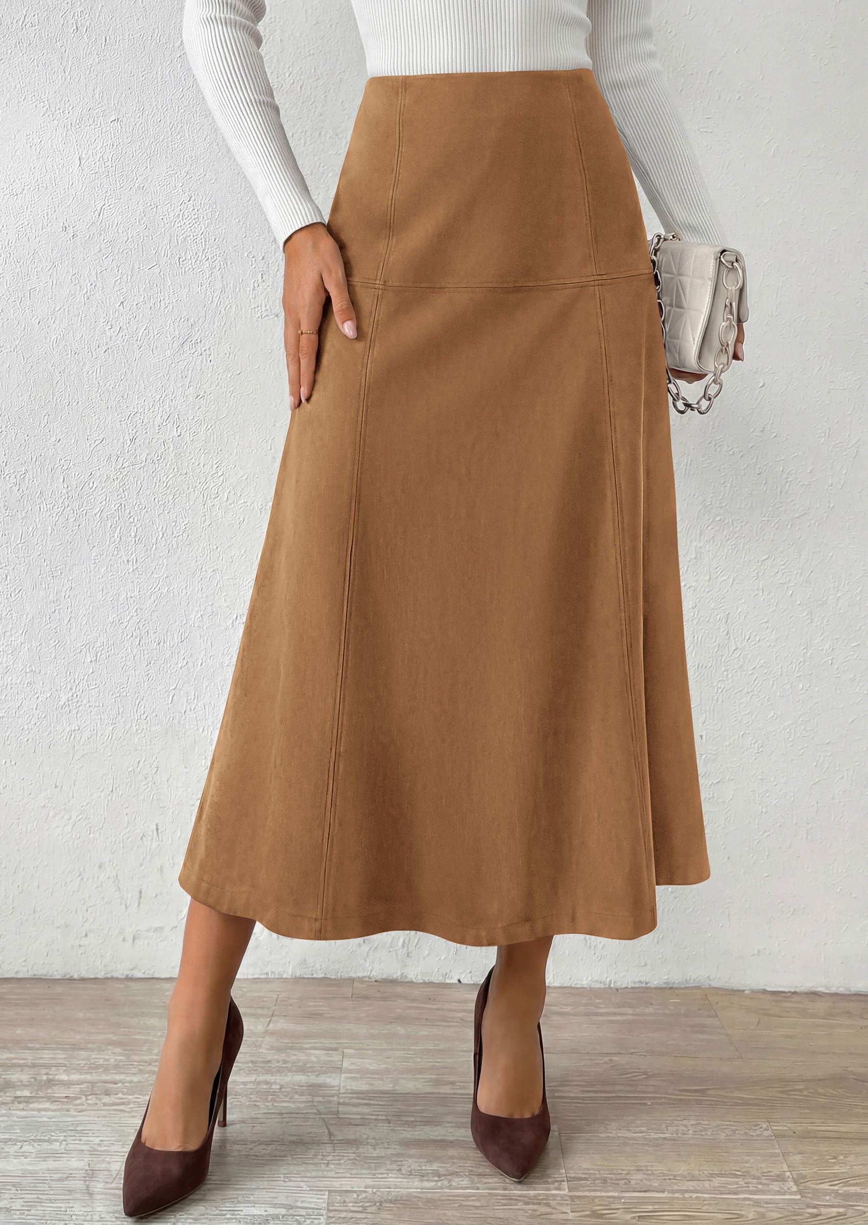 Womens High Waist Faux Suede A Line Midi Skirt,Khaki,S