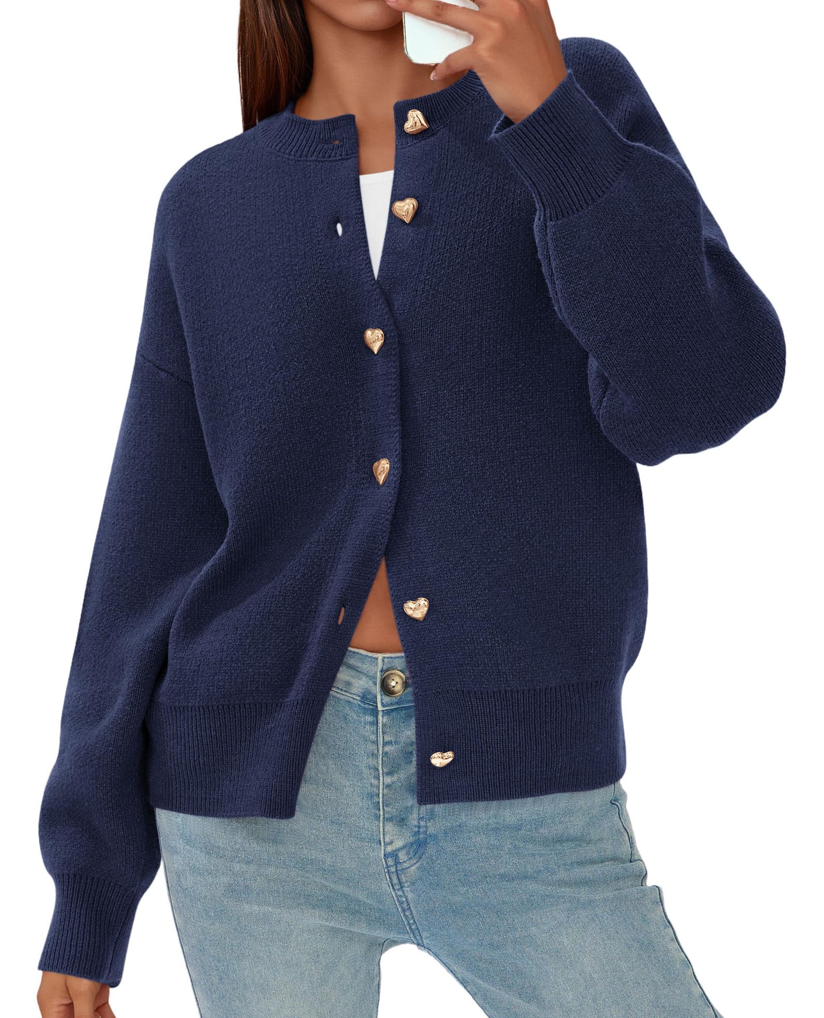Women's Long Sleeve Button Up Cardigan,Navy,S