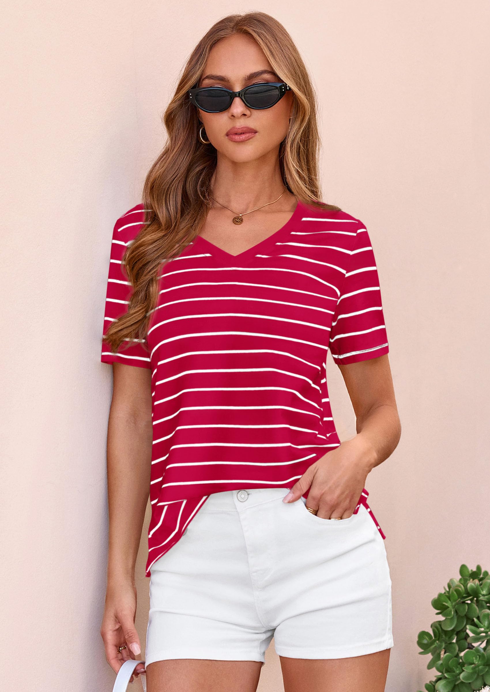 Striped Short Sleeve Womens Tops,Striped Red White,S