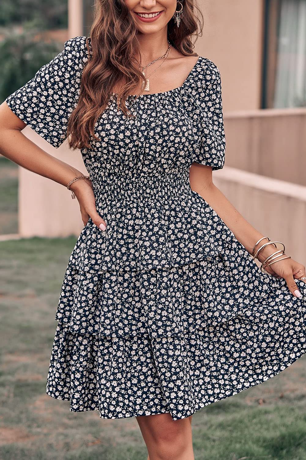 Women's 2025 Floral Summer Short Dress Square Neck Short Sleeve Tiered Ruffle Boho Swing Dresses (Black,Small)