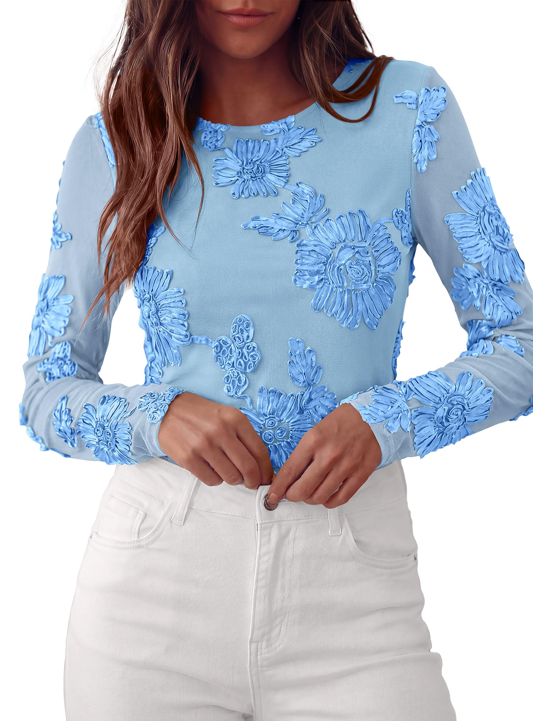 Women's Mesh Long Sleeve Embroidered Floral Tops Fall Blouses