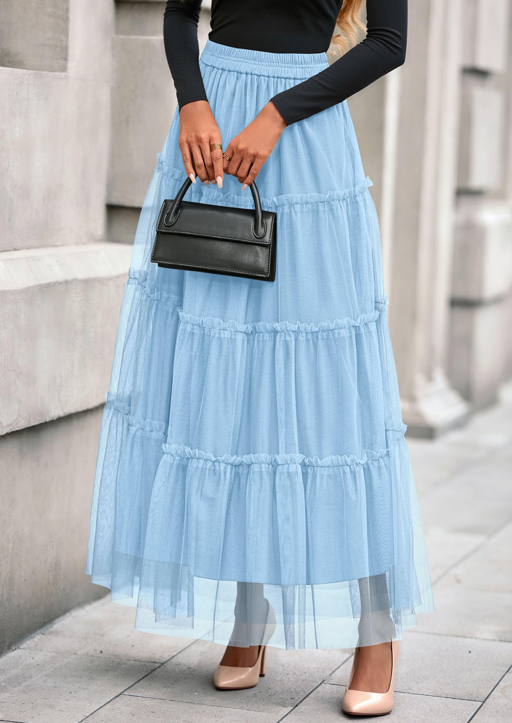 Women's Fall Soft Tulle Tiered Long Skirt,Light Blue,S
