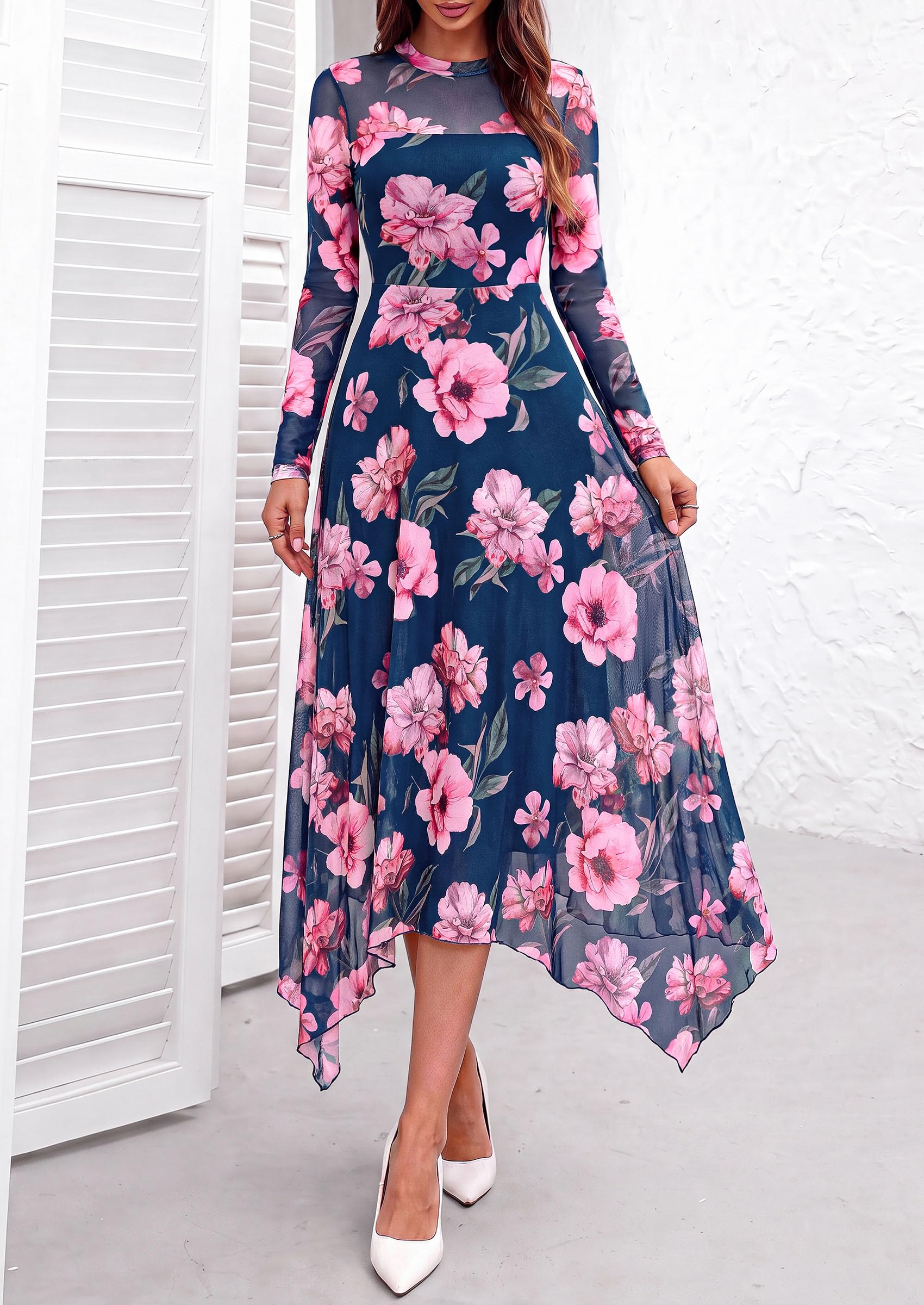 Women's Floral Mesh Midi Dress,Floral Blue Pink,S
