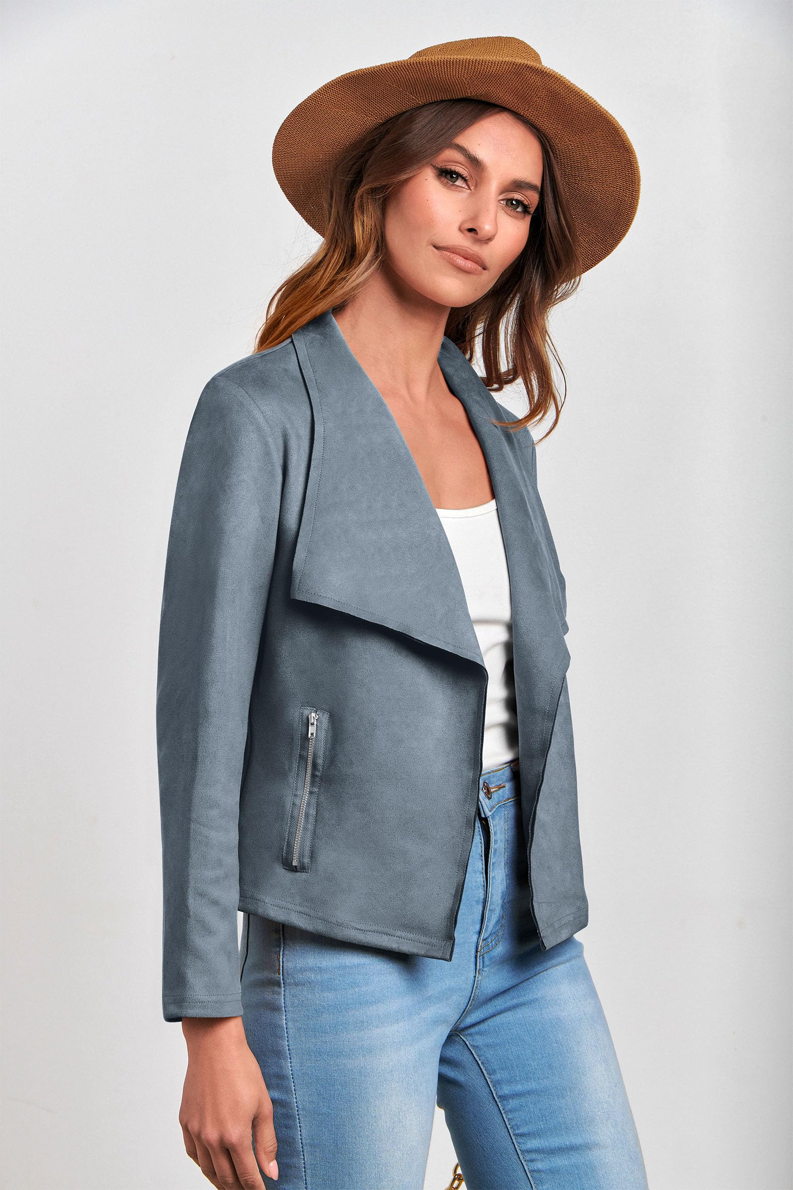Women's Fall Fashion Faux Suede Jackets(Grey Blue,Small)