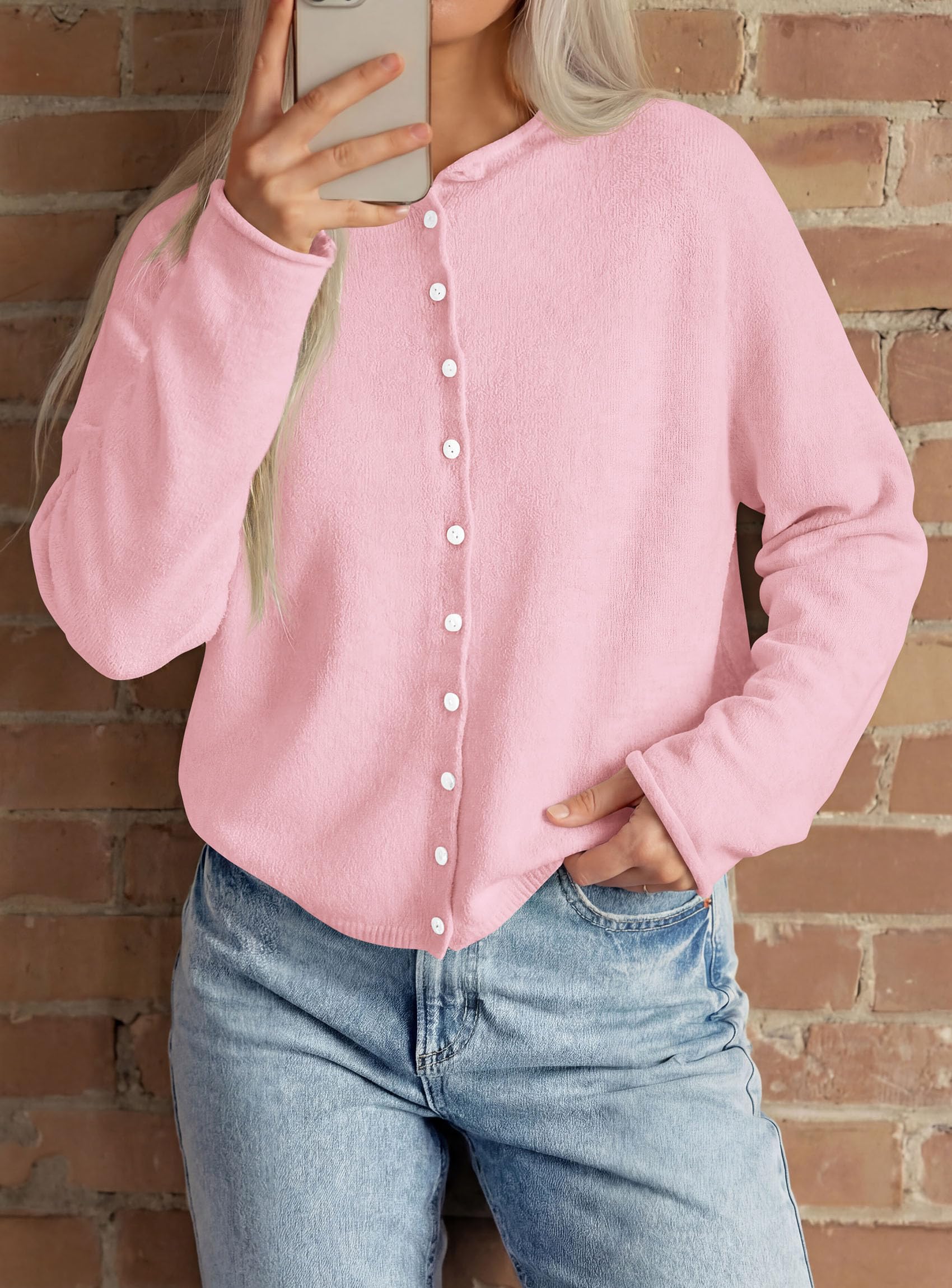 Button Up Cardigan for Women Knit Oversized Fall Sweaters Pink