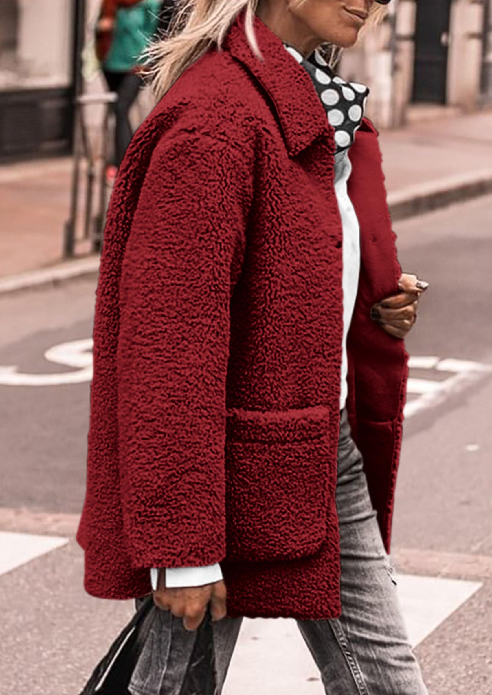 Women's Fleece Sherpa Coats Winter Outfits Jujube Red,S