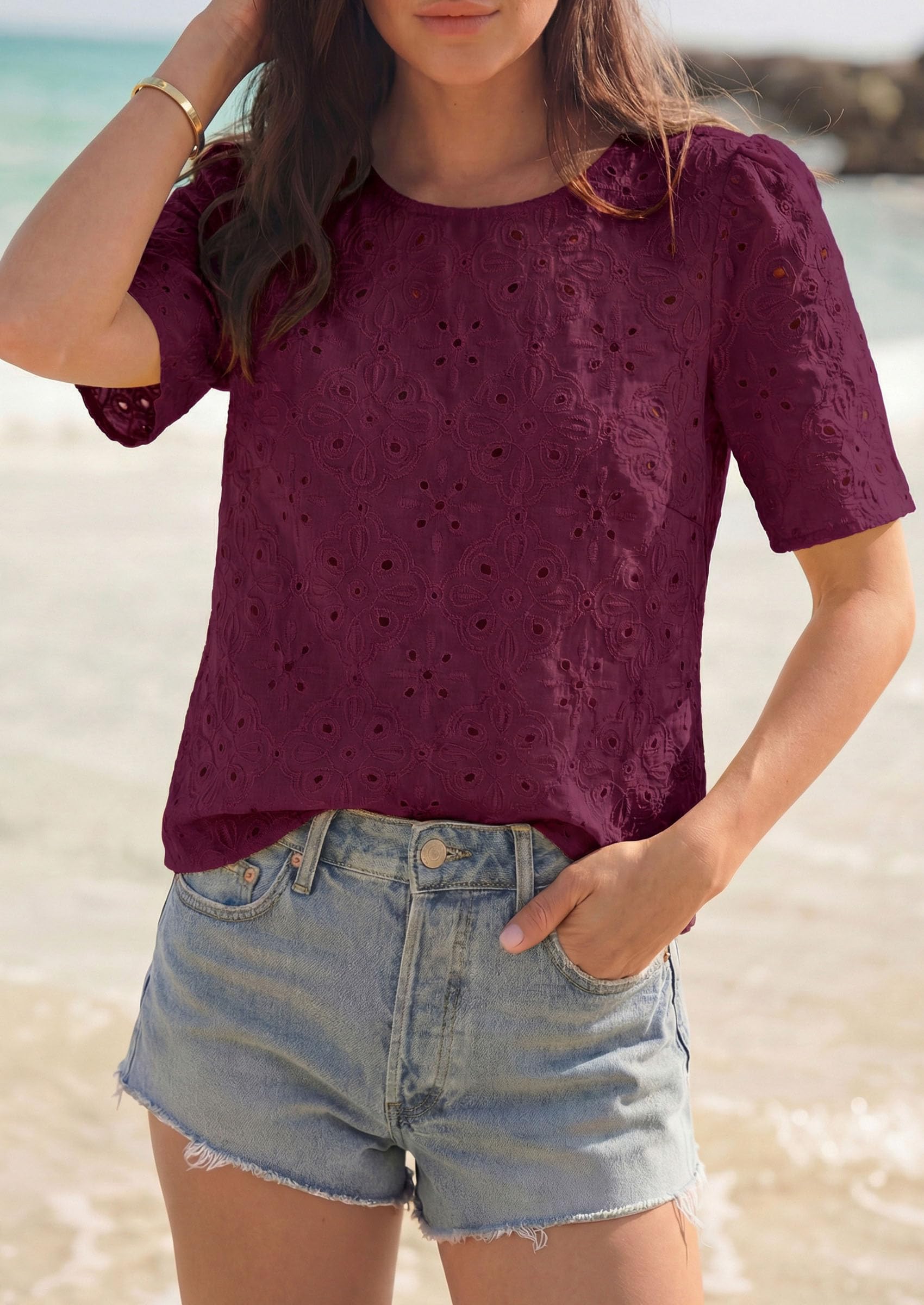 Women's Embroidered Eyelet Short Sleeve Blouse, Burgundy,XS
