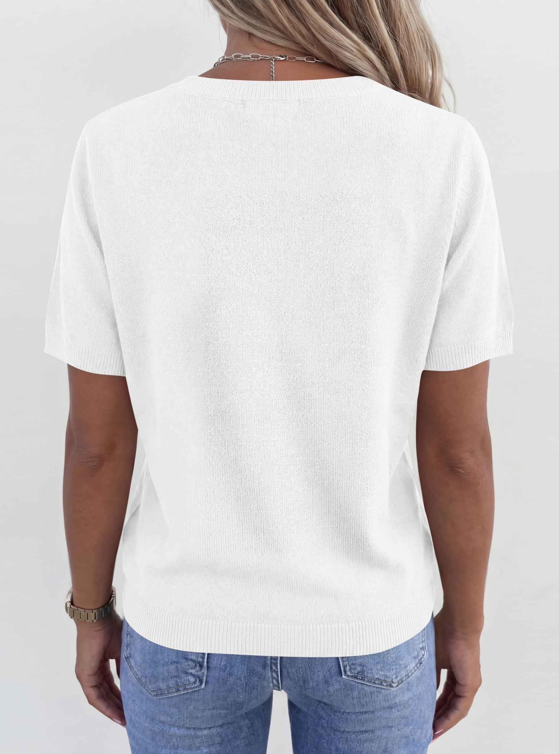 Womens Short Sleeve Sweater V Neck Tops,White,S