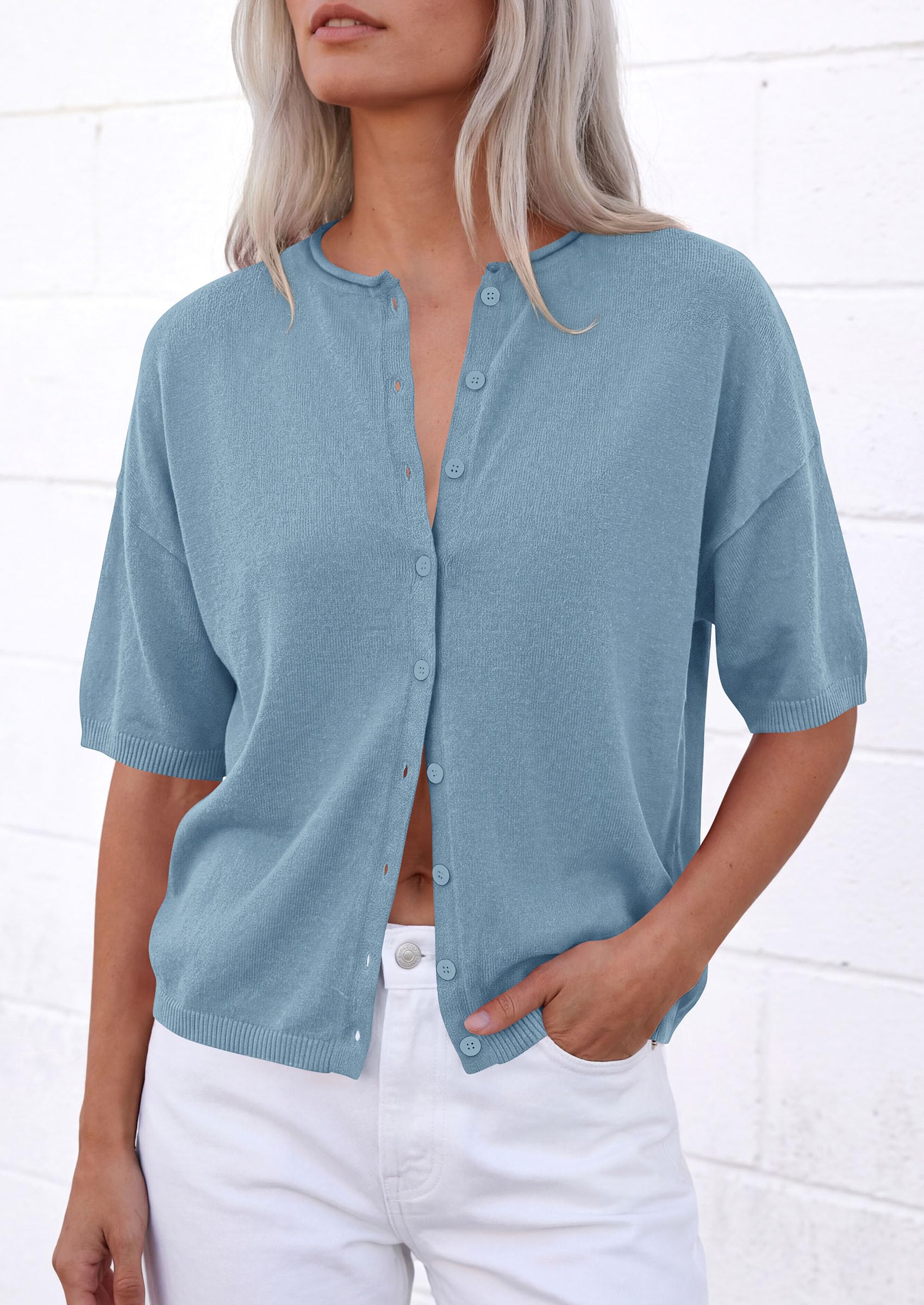 Women's Short Sleeve Cardigan Sweaters (Light Blue,Small)