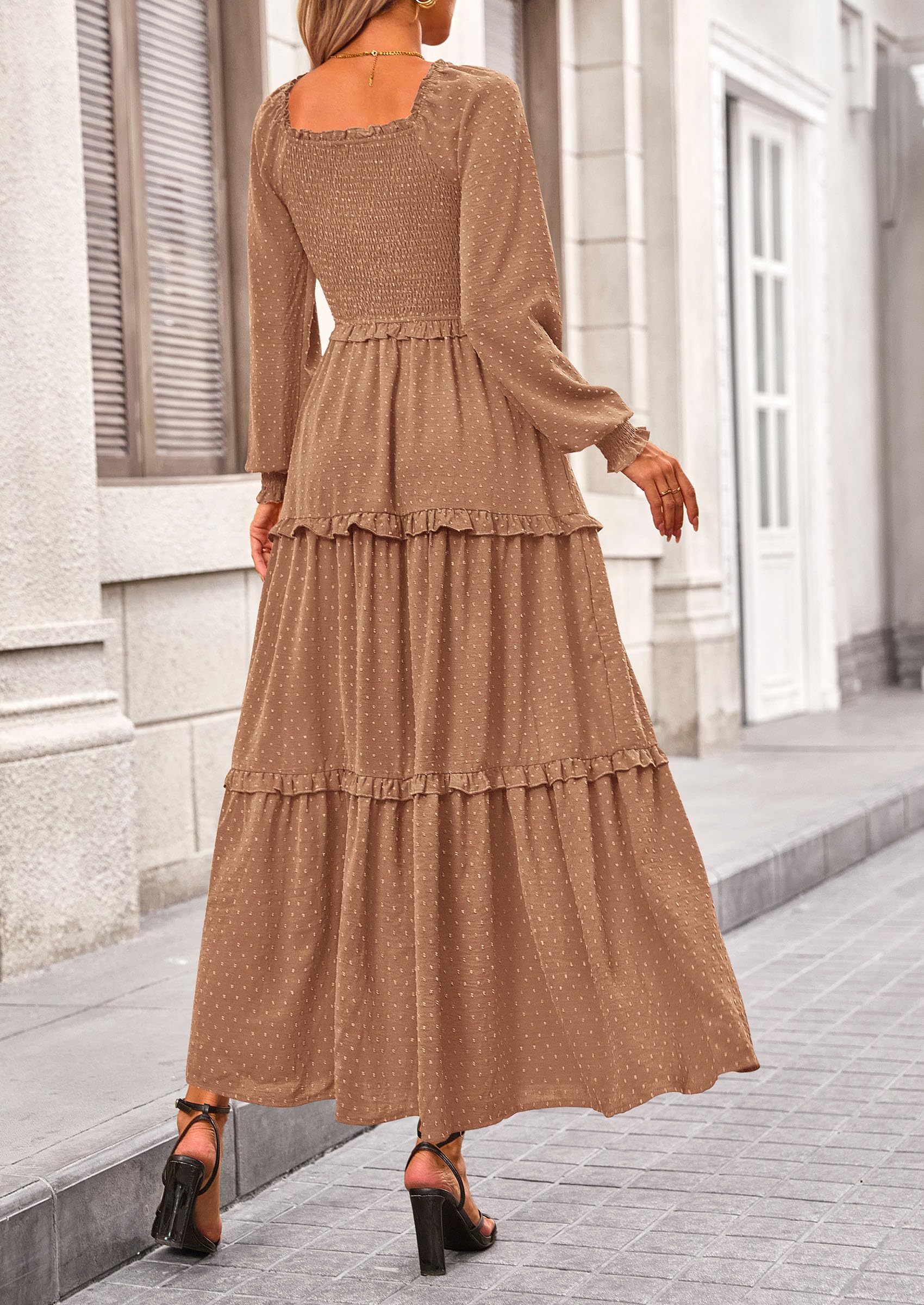 Women's Smocked Long Sleeve Maxi Dress Wedding Guest Dresses