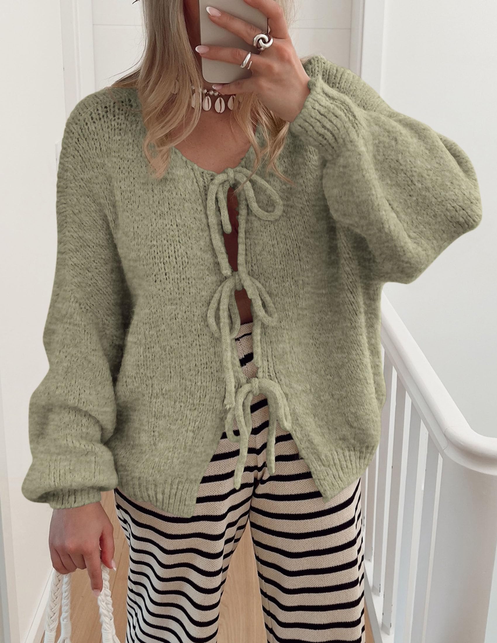Women's Tie Front Bow Cardigan Sweaters(Mist Green,Small)
