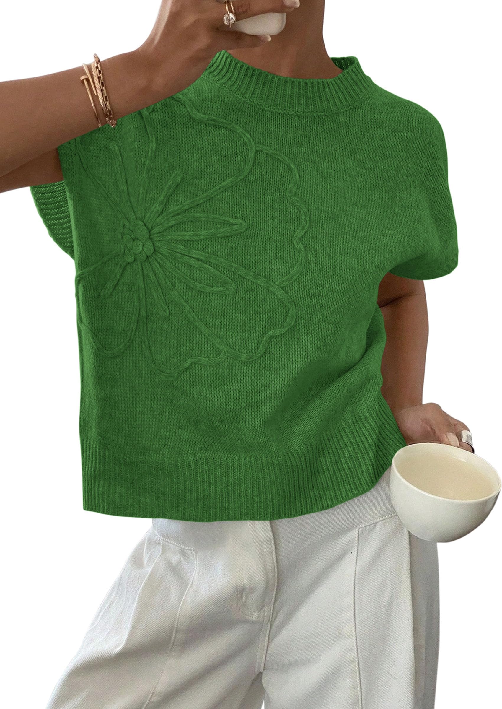 Women's Summer Short Cap Sleeve Sweater Vest (Green,S)
