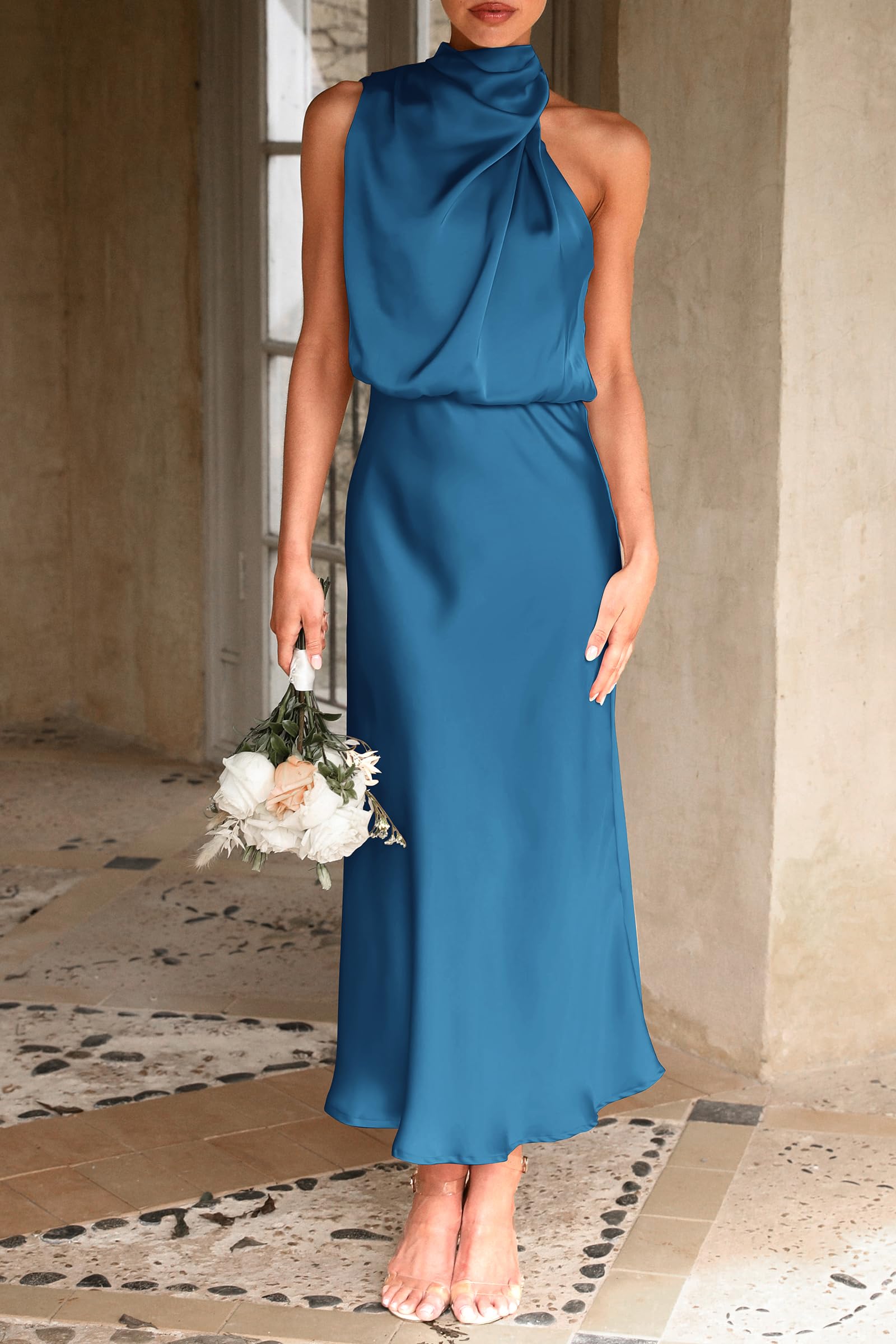 Women's Summer Satin Maxi Cocktail Dress Navy