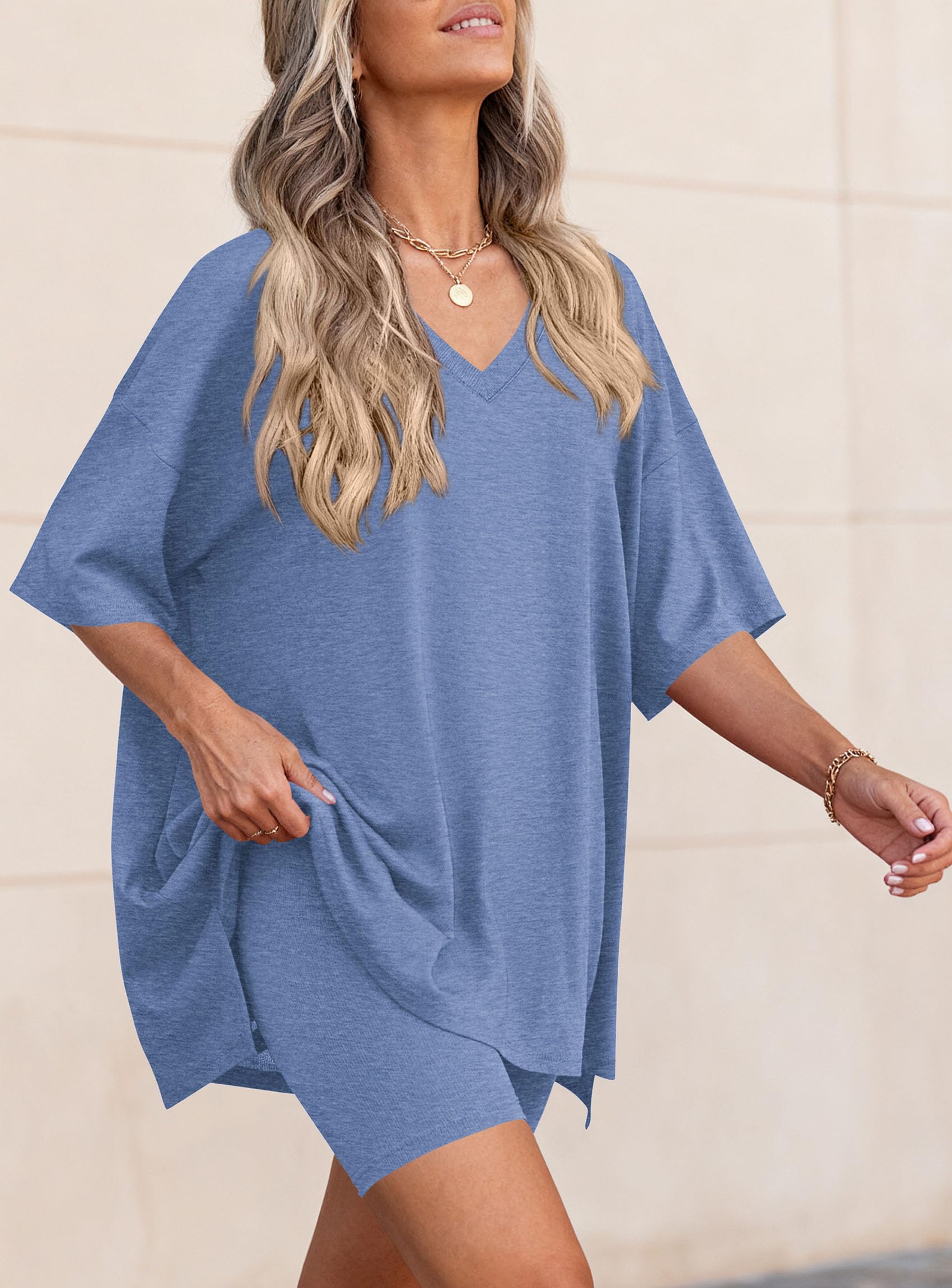 Womens 2 Piece Outfit Lounge Short Sets,Grey Blue,L