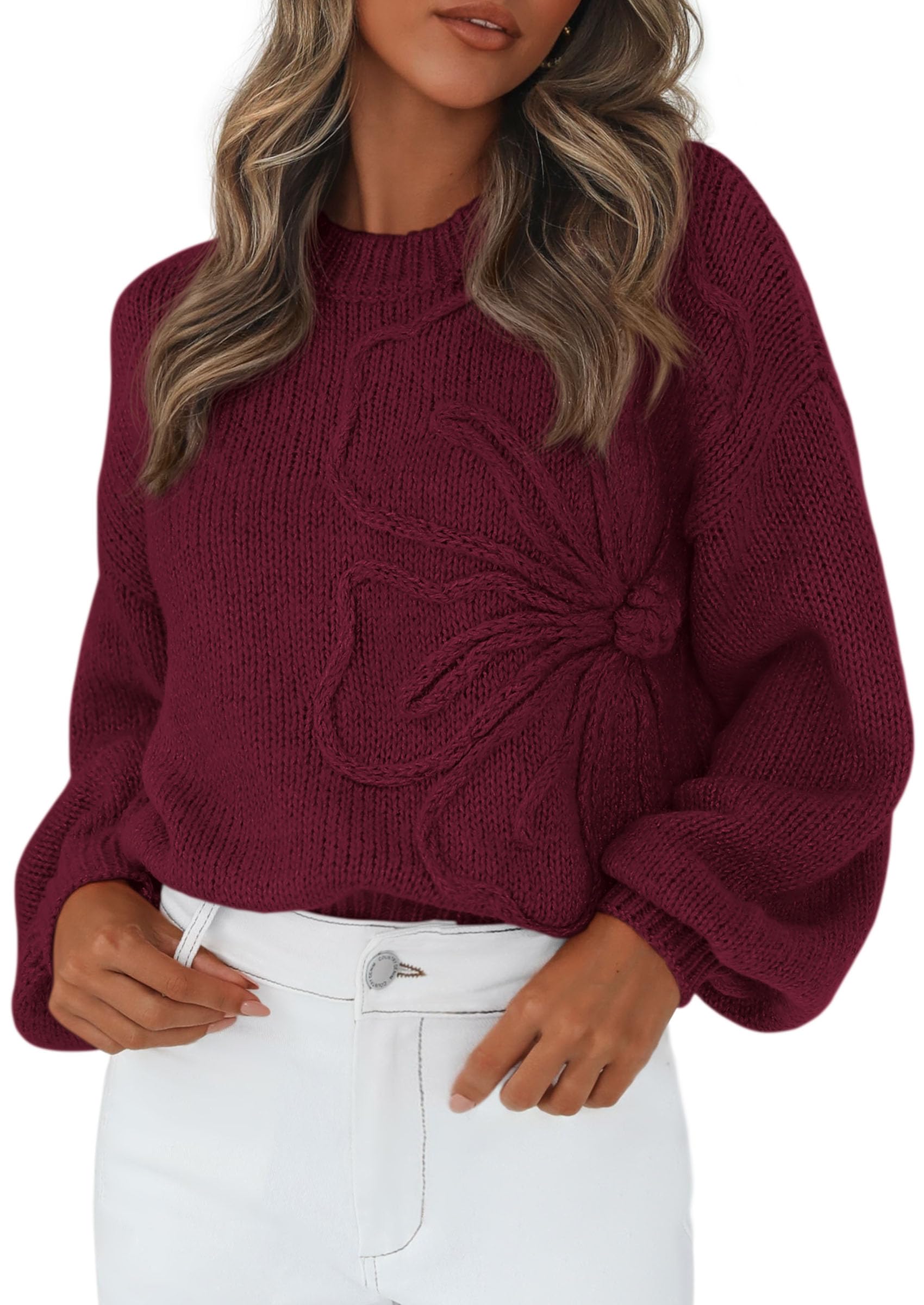 Women's Oversized 3D Floral Knit Sweater,Burgundy,S