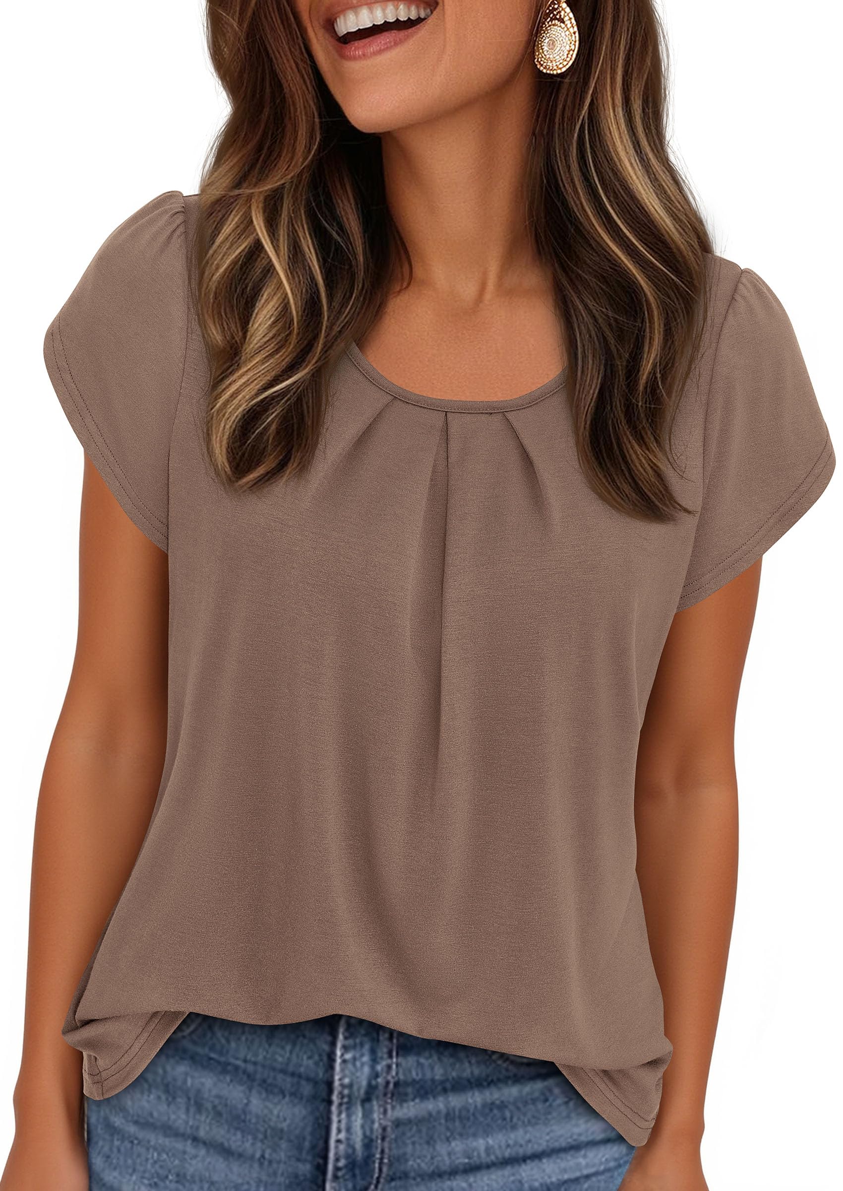 Women's Summer Short Sleeve Tops Casual Blouses,Khaki,S