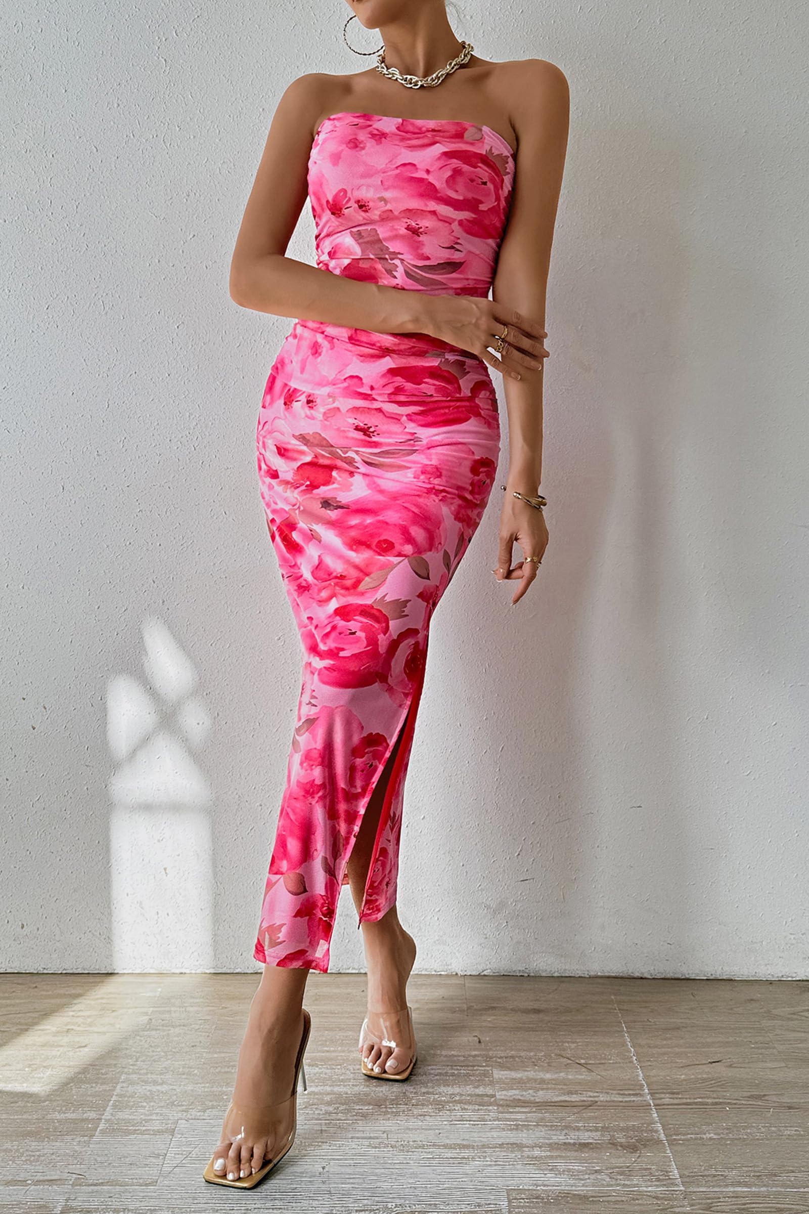 Women's Strapless Bodycon Floral Maxi Dress, Print Pink,S