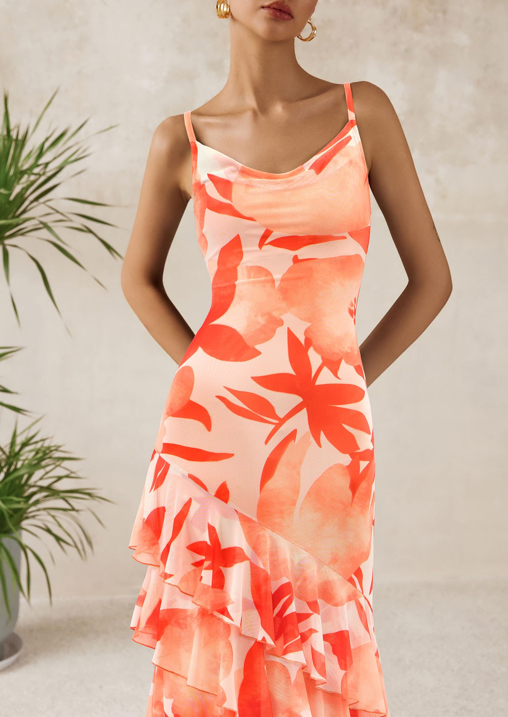 Women's Boho Floral Tiered Maxi Dress, Floral Light Orange,XS