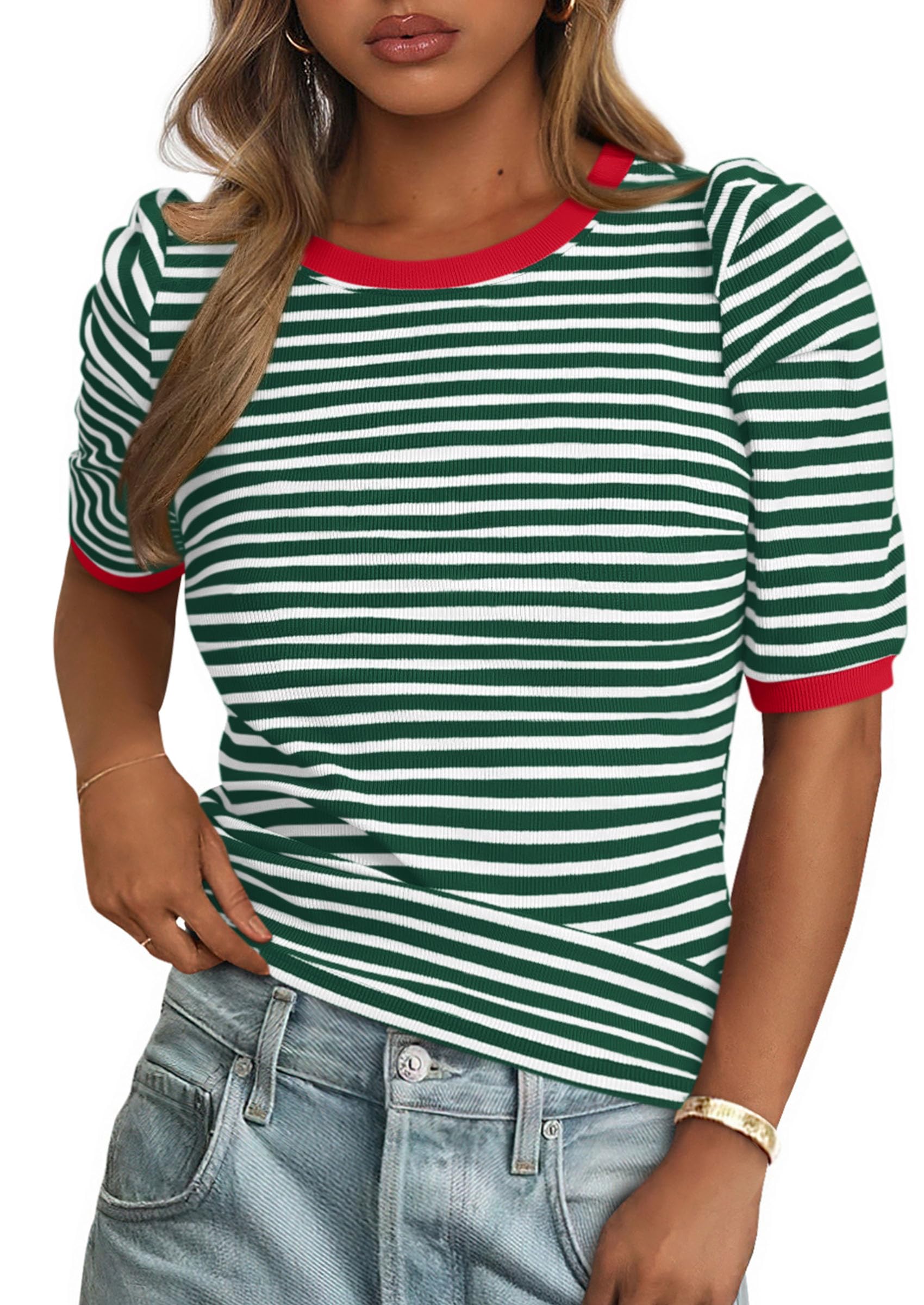 Ribbed Puff Short Sleeve Tops for Women Striped Shirt Green,S